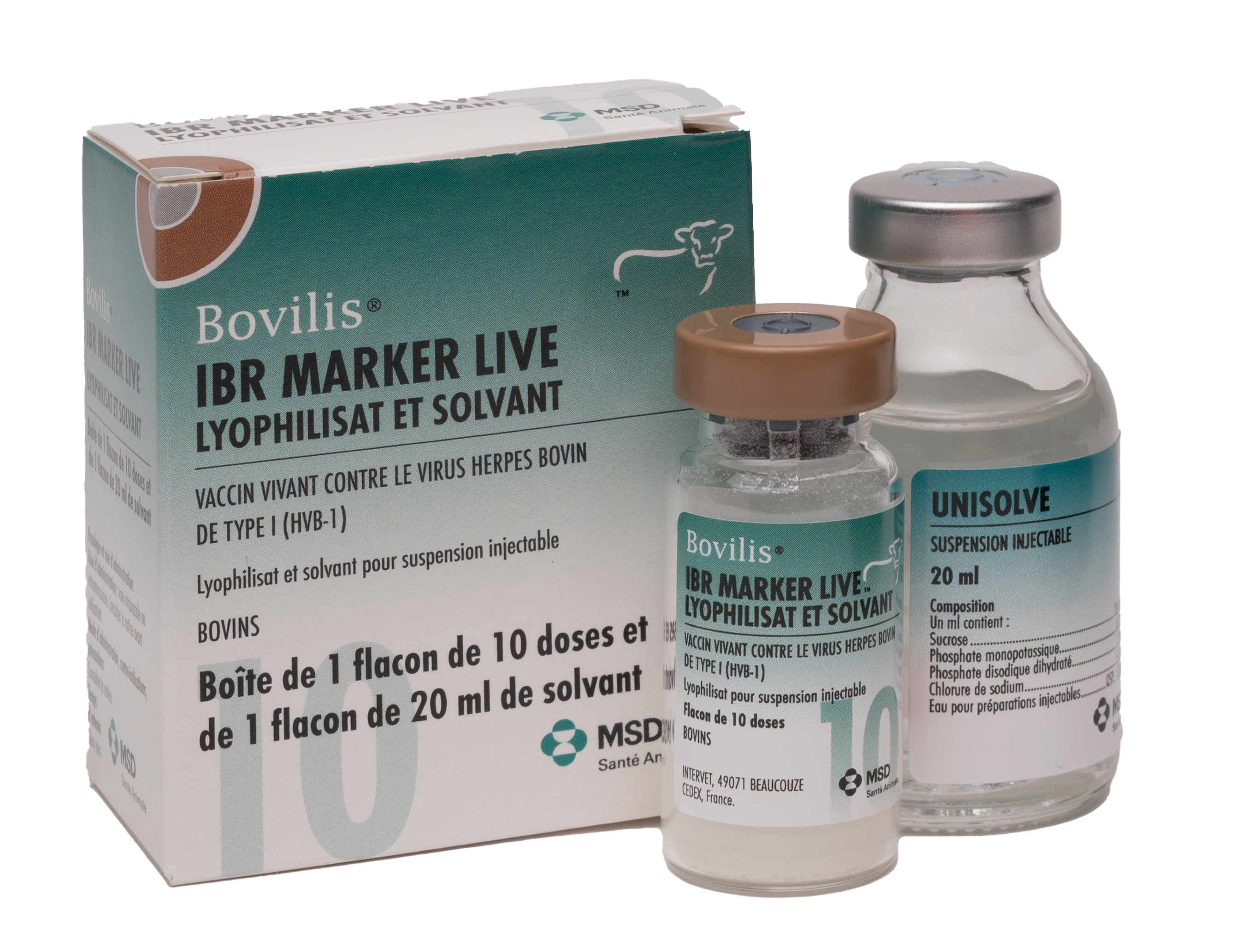 Flacons de vaccin Bovilis IBR Marker Live (lyophilisat) et son solvant Unisolve pour suspension injectable bovine.