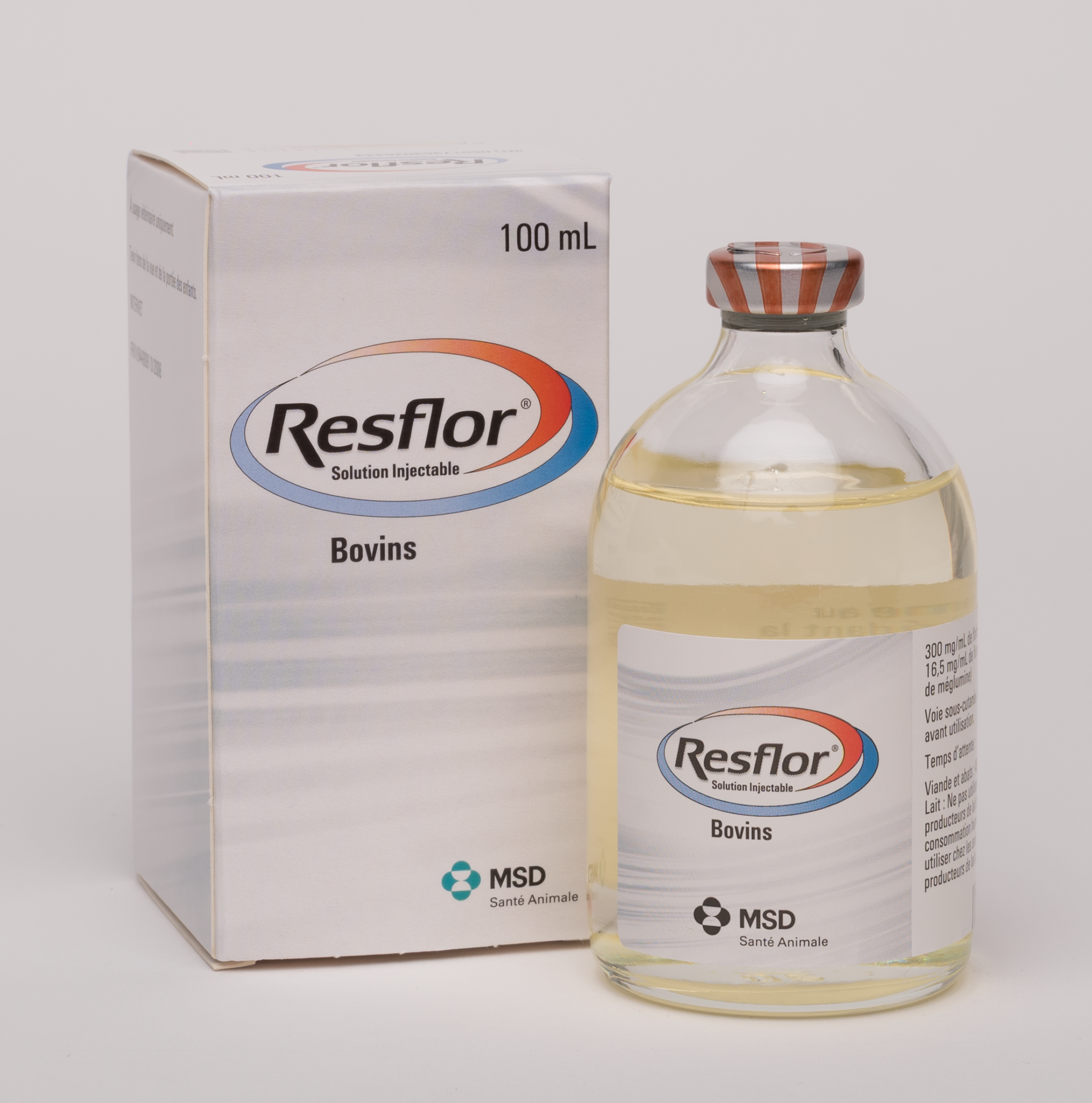 Boîte et flacon de Resflor (florfénicol et flunixine), solution injectable pour bovins, formats 100 ml et 250 ml, de MSD Santé Animale.
