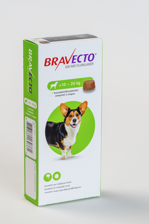 Bravecto 500 mg – Chiens de taille moyenne Boîte de Bravecto 500 mg fluralaner, comprimés à croquer pour chiens de taille moyenne pesant entre 10 et 20 kg.