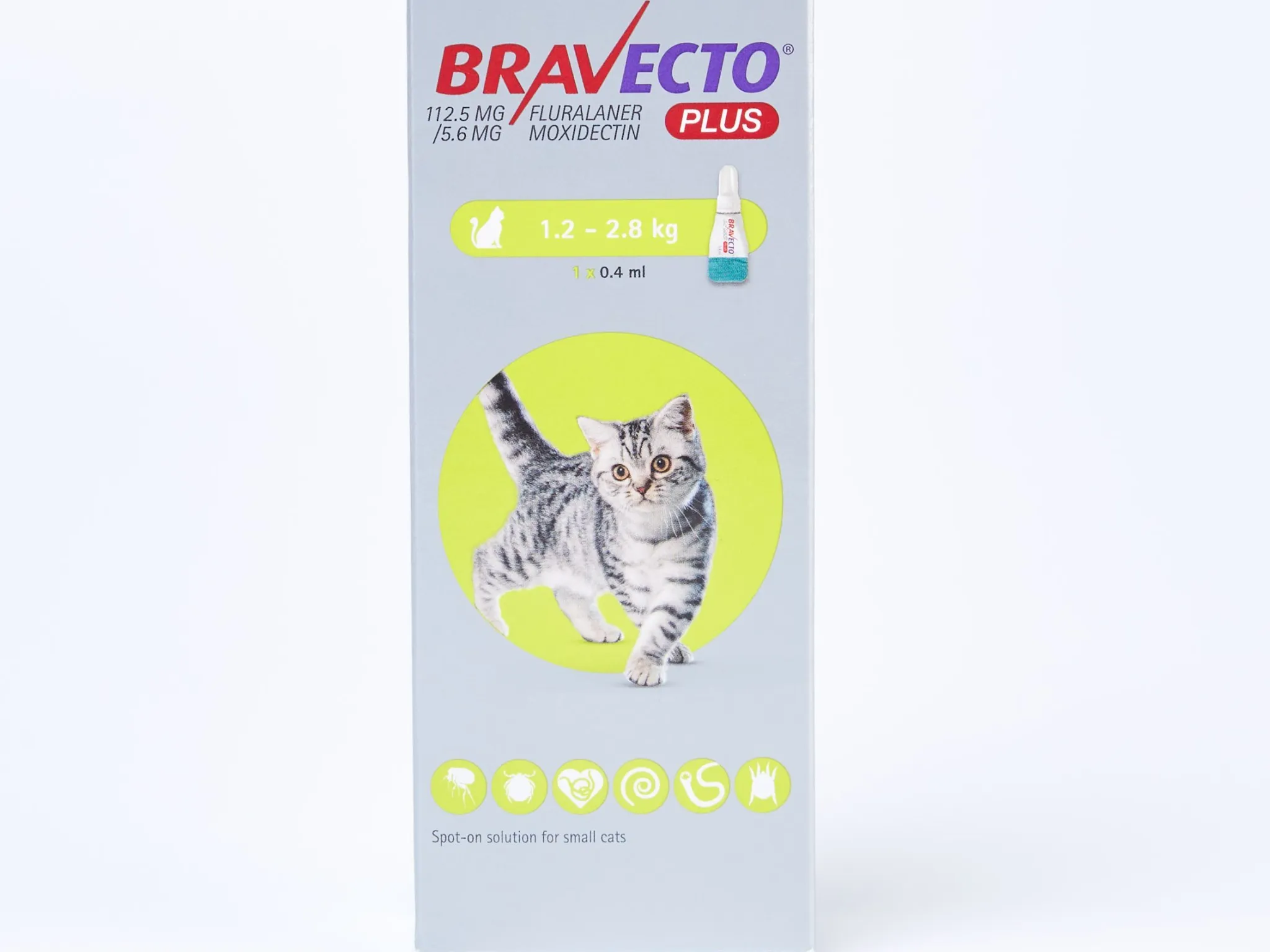 Boîte de Bravecto Plus solution pour spot-on (112,5 mg fluralaner / 5,6 mg moxidectine) pour petits chats pesant entre 1,2 et 2,8 kg.