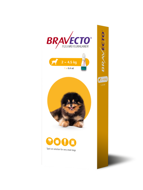 Boîte de Bravecto solution pour spot-on (112,5 mg fluralaner) pour chiens de très petite taille pesant entre 2 et 4,5 kg.