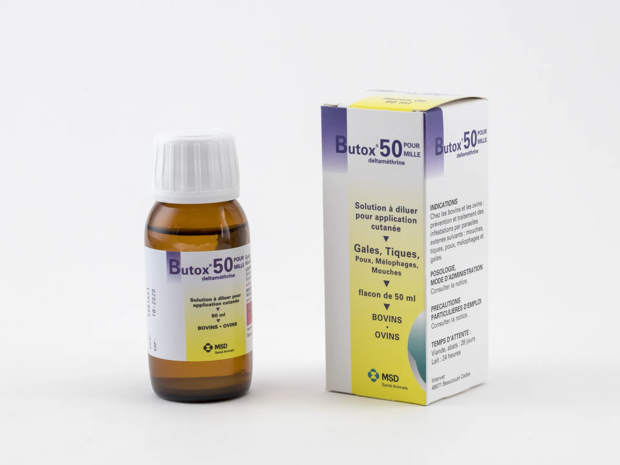 Flacon et boîte de Butox 50 Pour Mille (deltaméthrine), solution à diluer pour application cutanée chez les bovins et ovins.