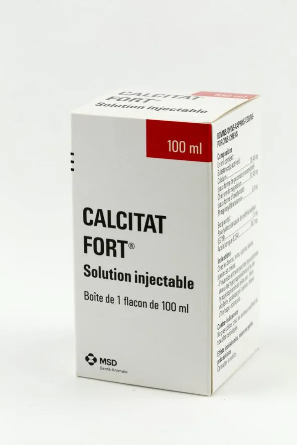 Boîte de Calcitat Fort, solution injectable pour bovins, ovins, caprins, équins, porcins et chiens, flacon de 100 ml de MSD Santé Animale.