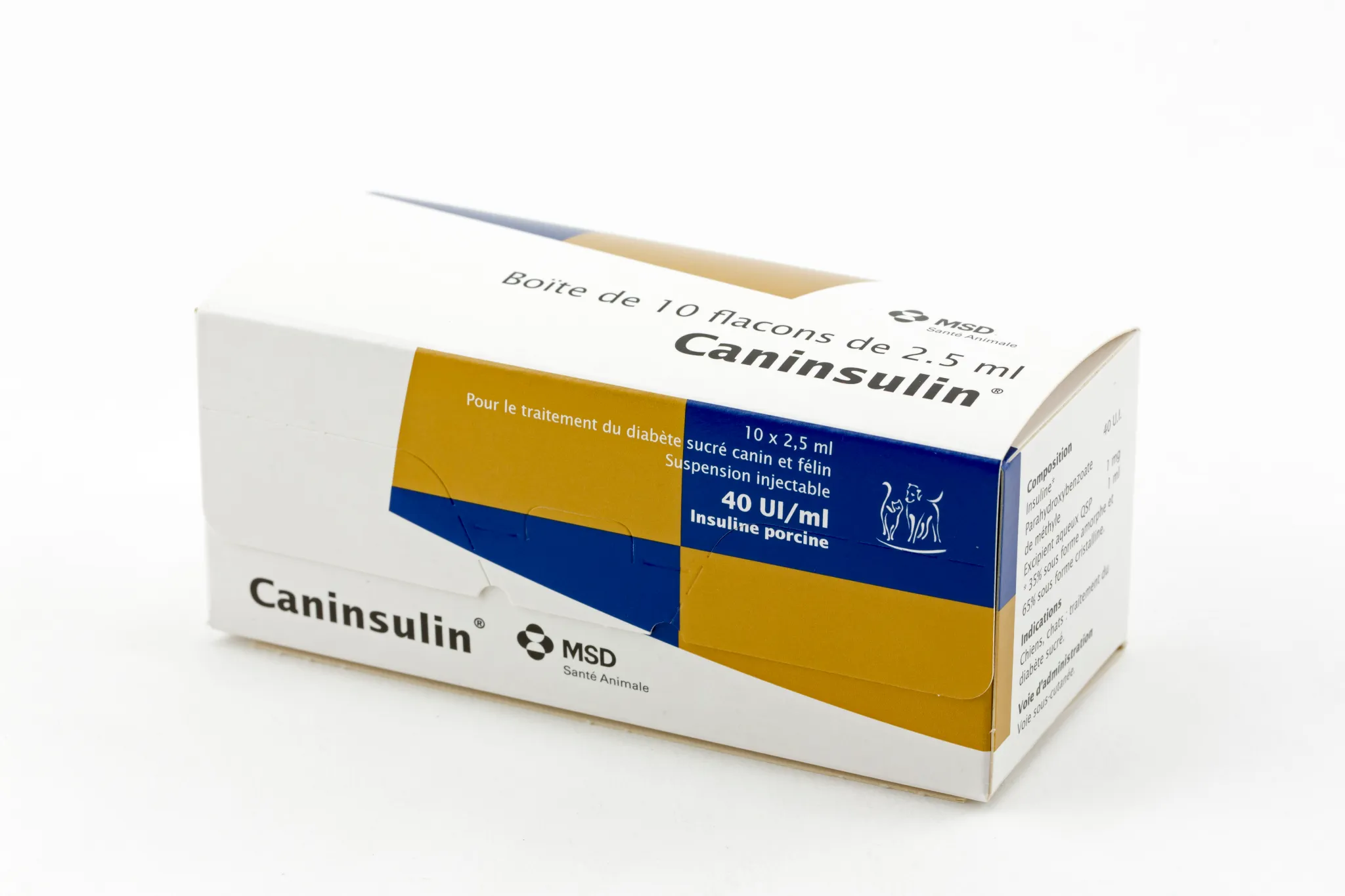 Boîte de Caninsulin (40 UI/ml d'insuline porcine), suspension injectable pour le traitement du diabète sucré chez les chiens et les chats.