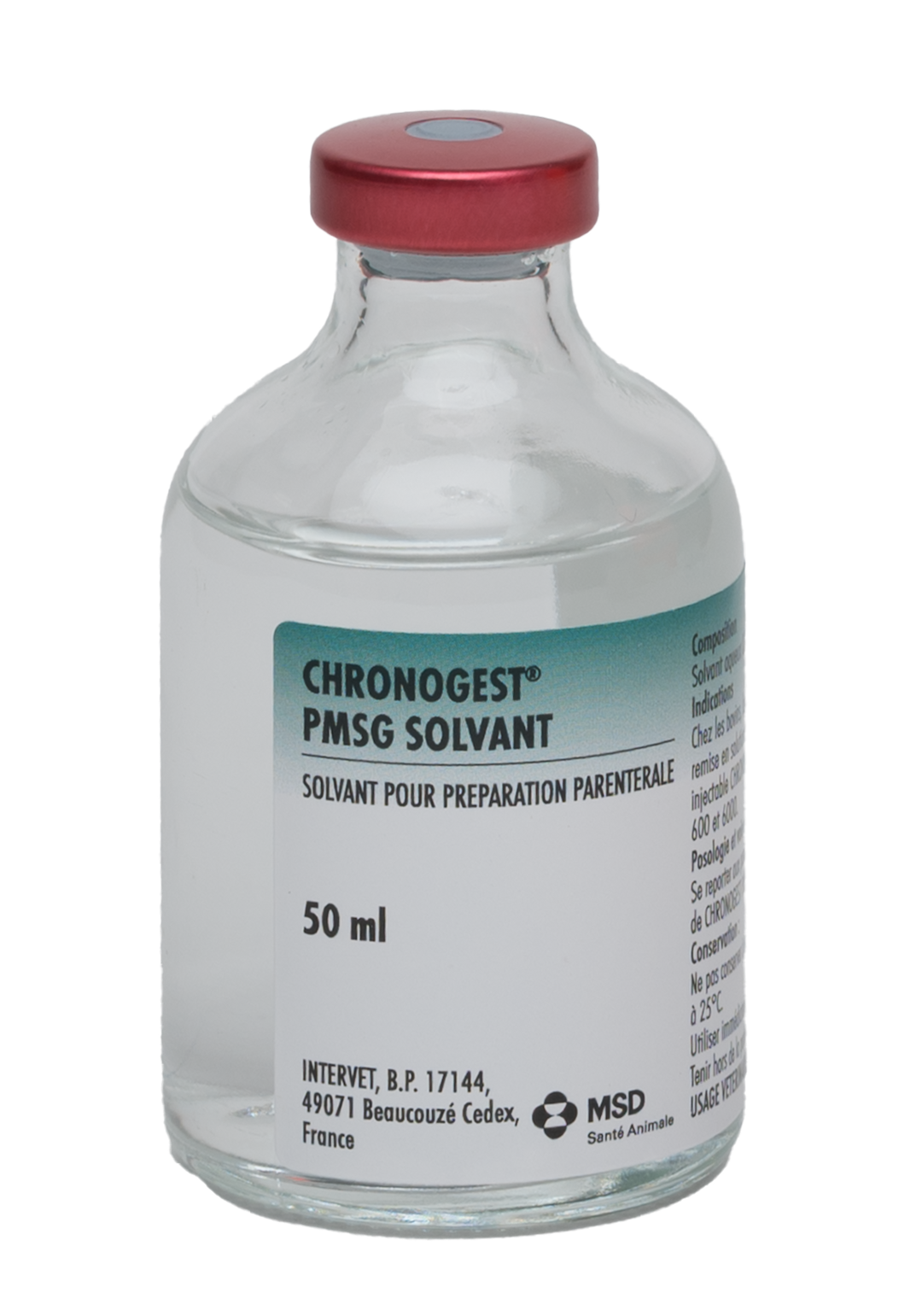 Flacon de Chronogest PMSG Solvant (50 ml), solution pour préparation parentérale de MSD Santé Animale.