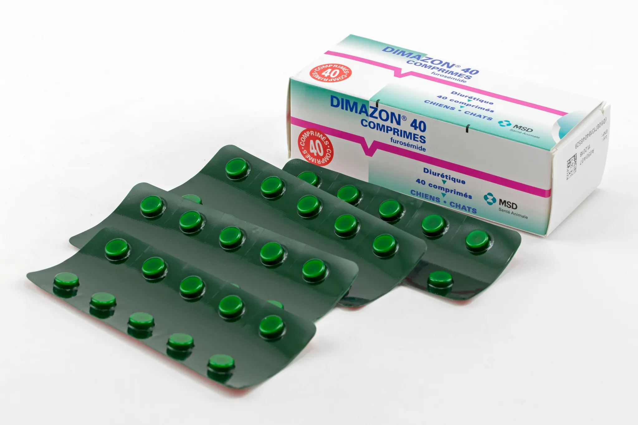 Dimazon 40 Comprimés – Diurétique pour Chiens et Chats Boîte de Dimazon 40 (furosémide) avec plaquettes de comprimés verts, diurétique pour chiens et chats de MSD Santé Animale.