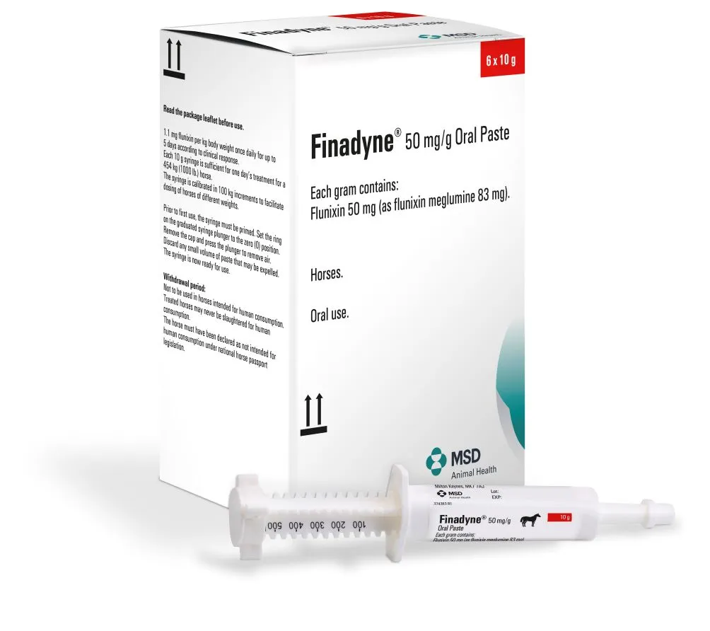 Flacon et boîte de Finadyne Solution (50 mg/ml), solution injectable de 100 ml pour bovins, équins et porcins de MSD Santé Animale.