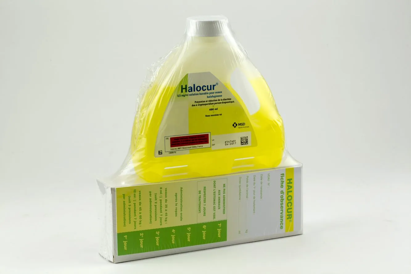 Flacon de Halocur (halofuginone) 0,5 mg/ml, solution buvable de 490 ml pour veaux nouveau-nés, avec sa fiche d'observance, de MSD Santé Animale.