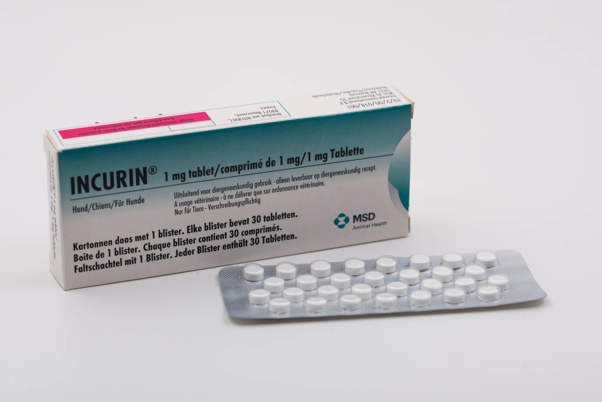 Boîte et plaquette d'Incurin (estriol), 30 comprimés de 1 mg pour chiennes, de MSD Animal Health.