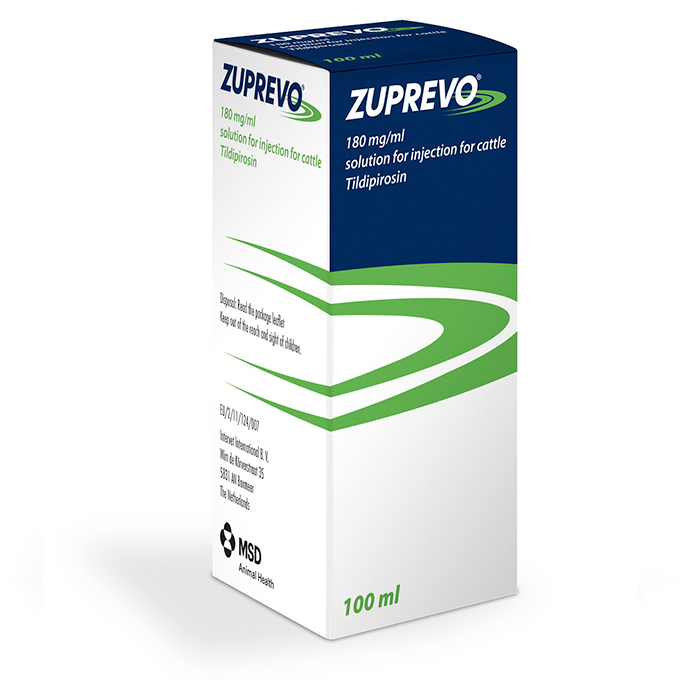 Boîte de Zuprevo (tildipirosine) 180 mg/ml, solution injectable de 100 ml pour bovins, de MSD Animal Health.