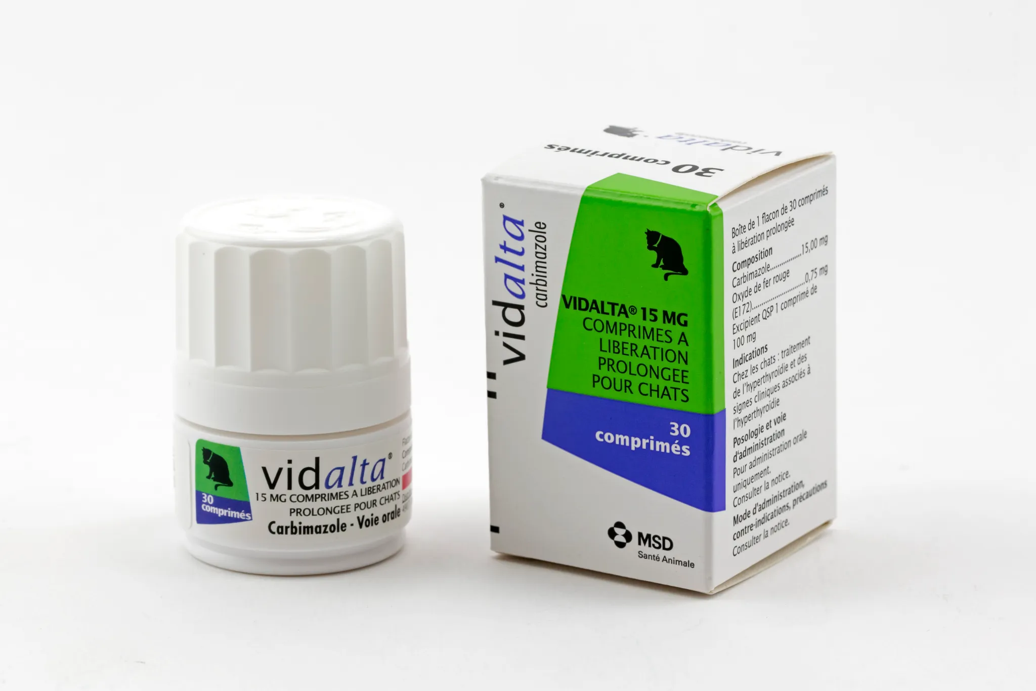 Boîte et flacon de Vidalta 15 mg (carbimazole), 30 comprimés à libération prolongée pour chats, de MSD Santé Animale.