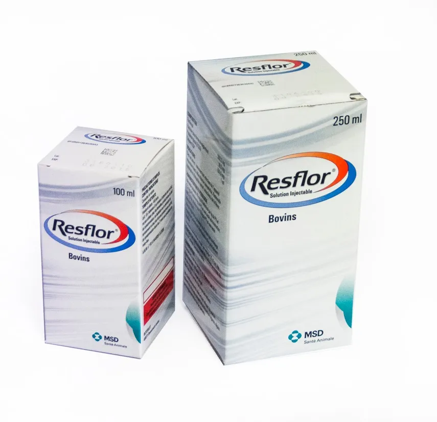 Boîtes de Resflor (florfénicol et flunixine), solution injectable pour bovins, formats 100 ml et 250 ml, de MSD Santé Animale.