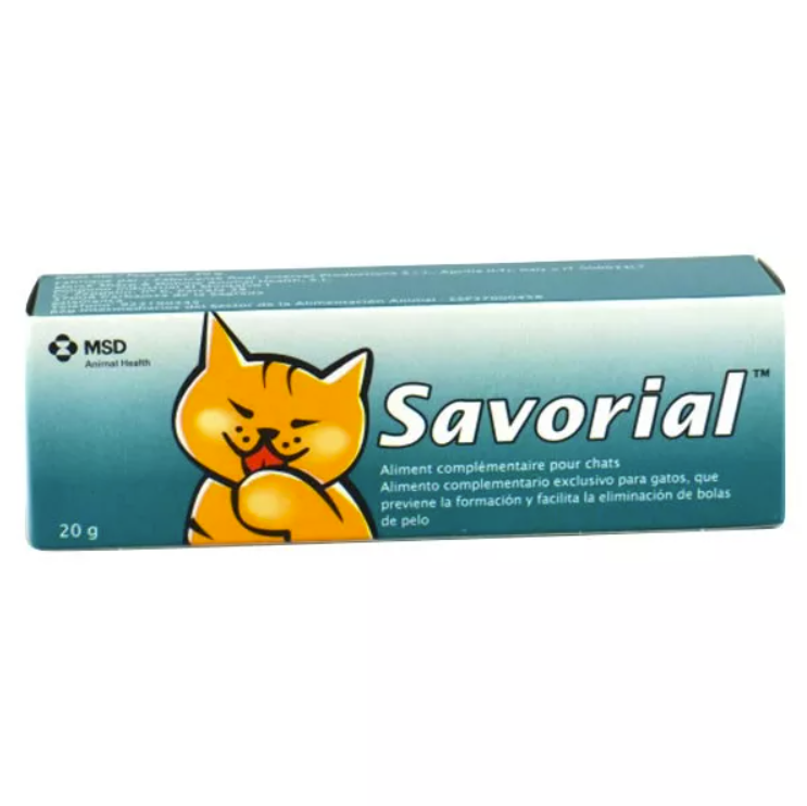 Boîte de Savorial, aliment complémentaire pour chats de 20 g, facilitant l'élimination des boules de poils, par MSD Animal Health.