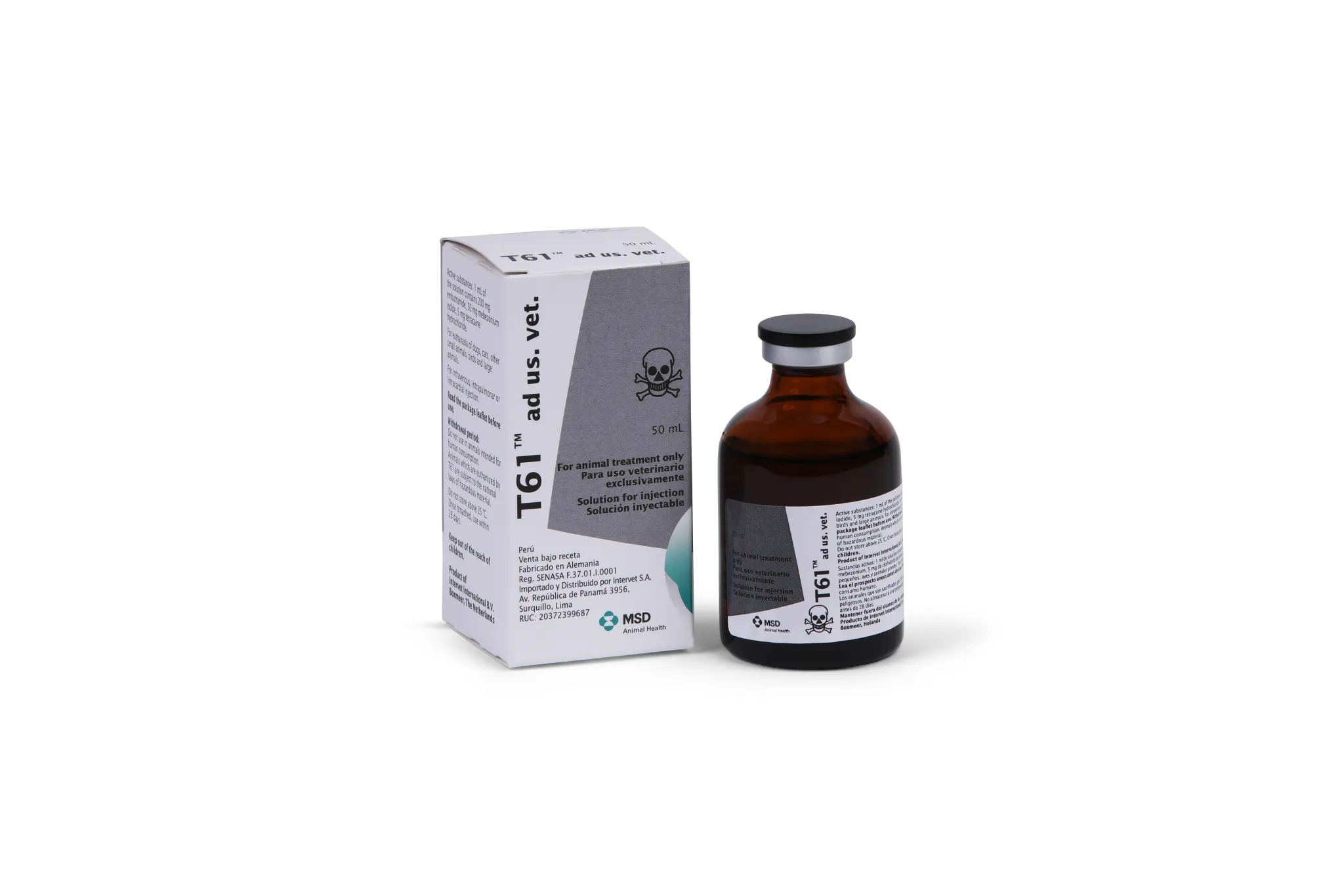 Boîte et flacon de 50 ml de T61 ad us. vet., solution injectable pour l'euthanasie des animaux, par MSD Animal Health.