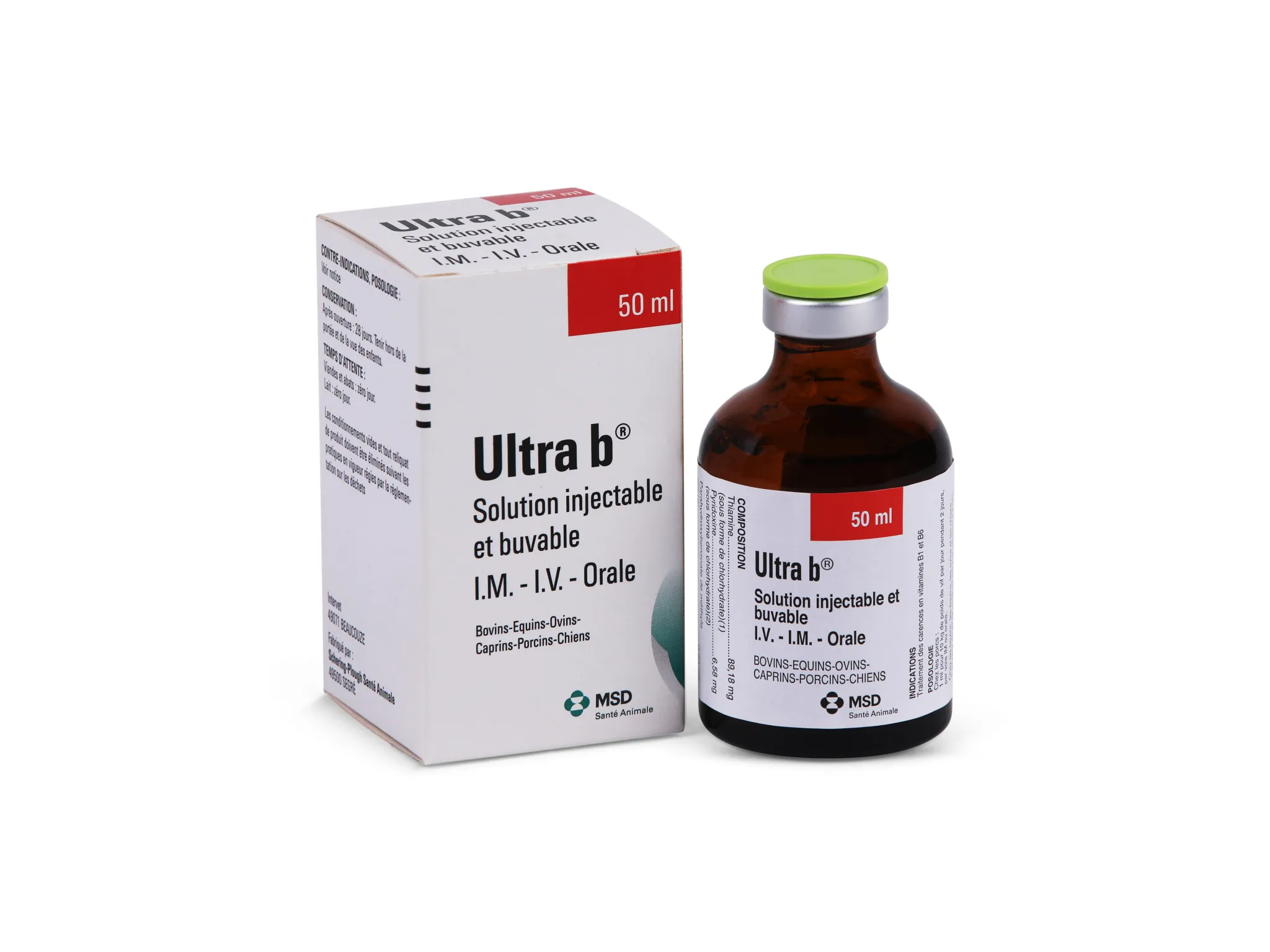 Boîte et flacon de 50 ml d'Ultra b, solution injectable et buvable pour bovins, équins, ovins, caprins, porcins et chiens, par MSD Santé Animale.