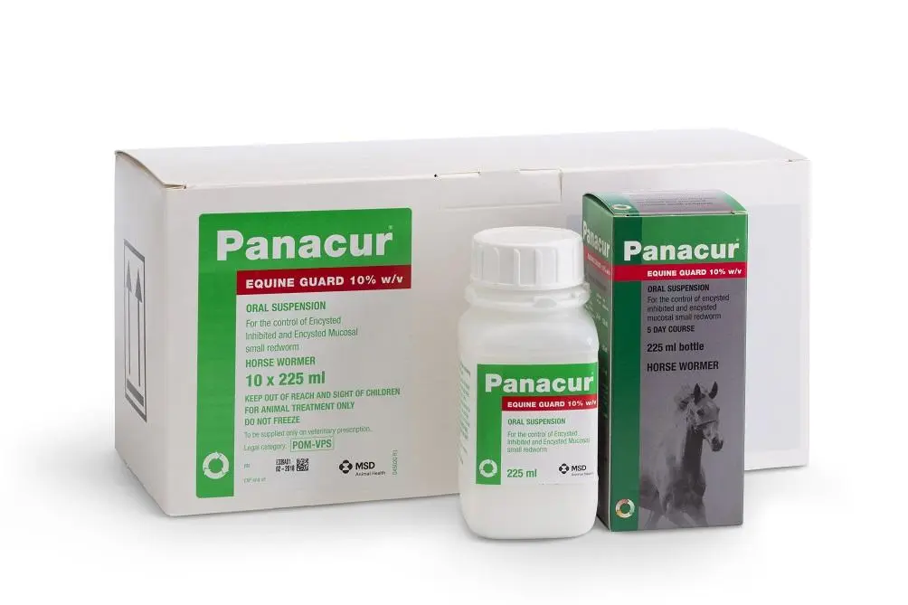Conditionnement de Panacur Equine Guard 10 % w/v (fenbendazole), suspension buvable pour chevaux, incluant une boîte de 10 flacons et un flacon individuel de 225 ml, par MSD Animal Health
