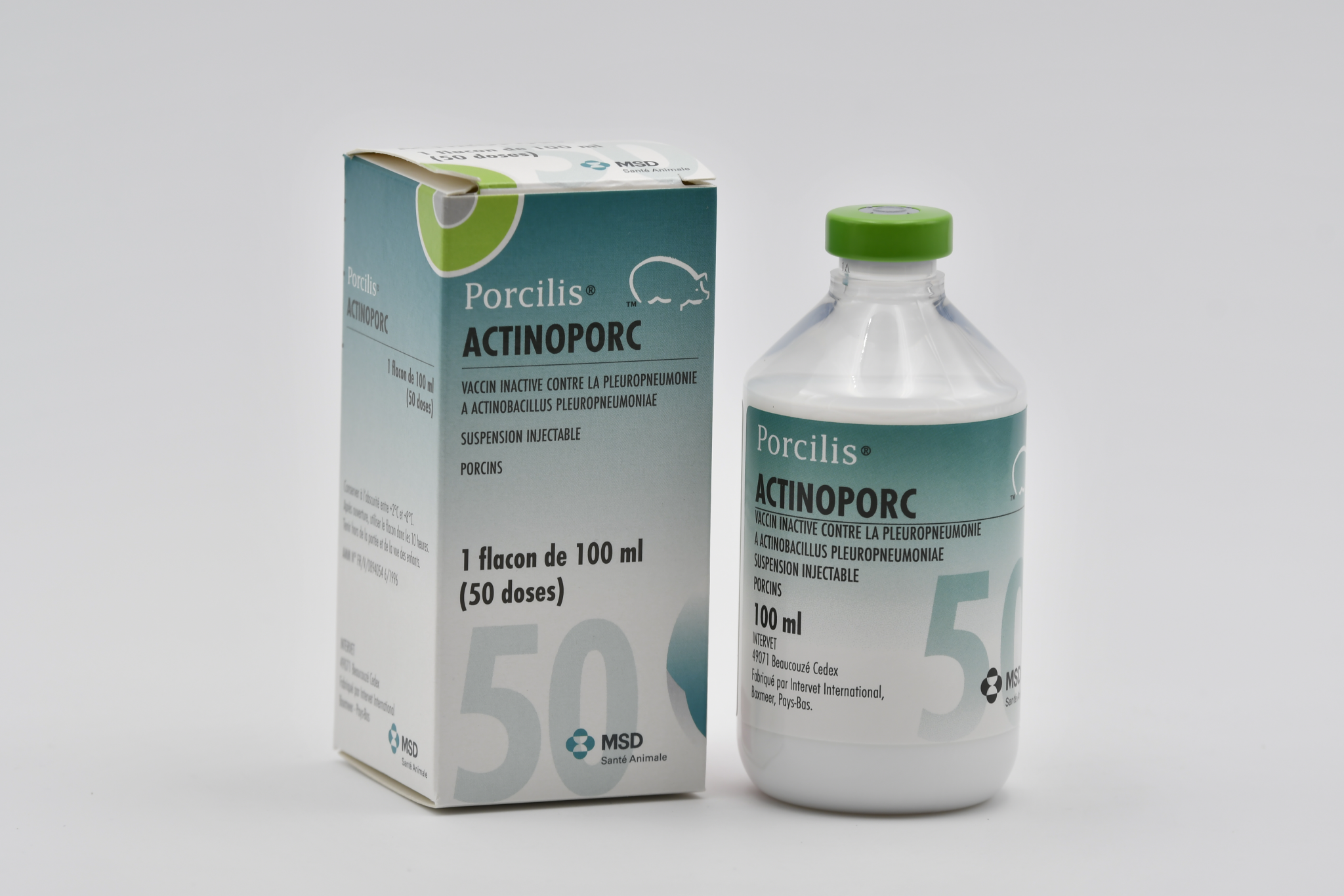 Boîte et flacon de Porcilis Actinoporc vaccin inactivé contre la pleuropneumonie porcine MSD Santé Animale