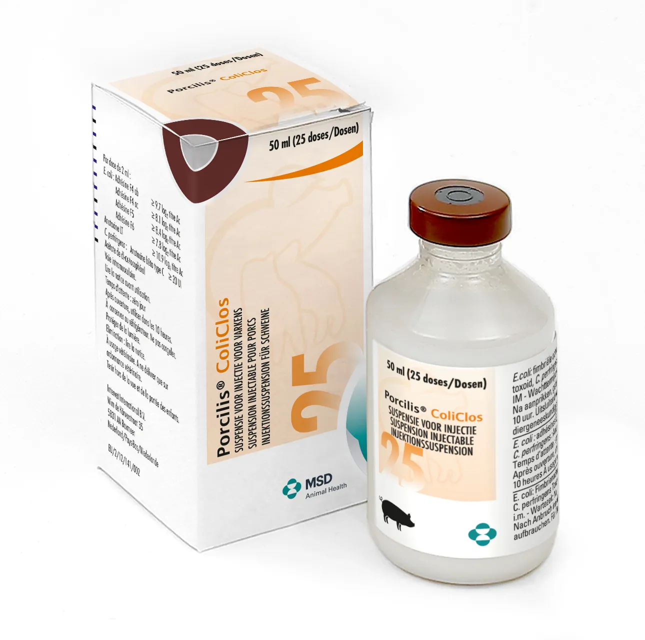 Boîte et flacon de Porcilis ColiClos suspension injectable pour porcs MSD Santé Animale 50 ml 25 doses