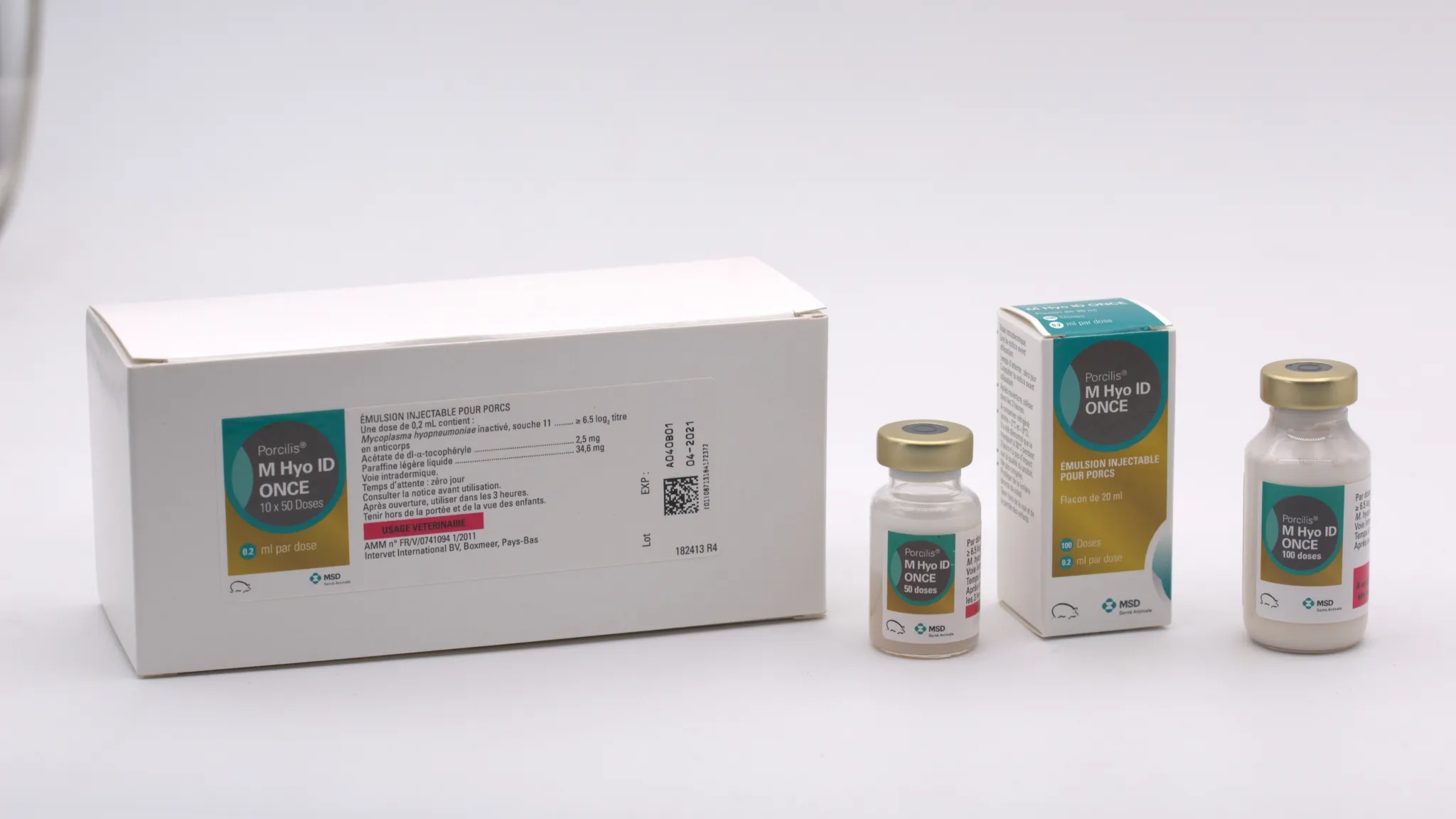 Gamme de vaccins Porcilis M Hyo ID ONCE émulsion injectable pour porcs en boîtes et flacons MSD Santé Animale