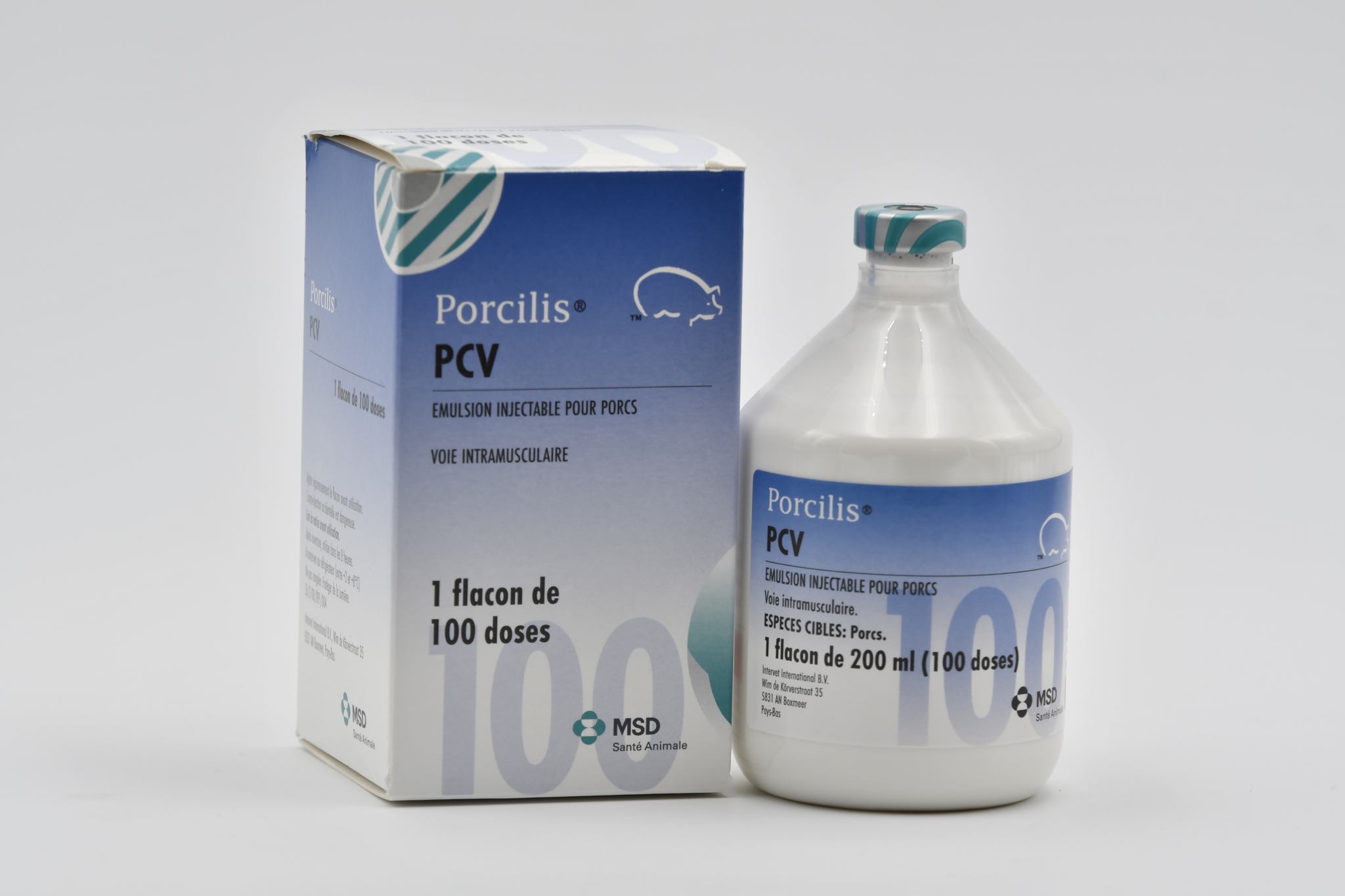 Boîte et flacon de Porcilis PCV émulsion injectable pour porcs par voie intramusculaire MSD Santé Animale 200 ml 100 doses