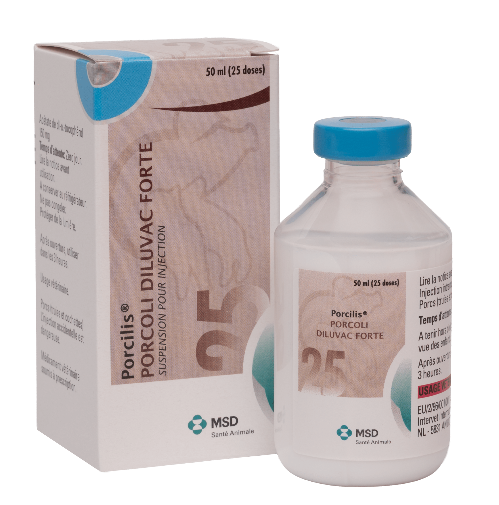 Boîte et flacon de Porcilis Porcoli Diluvac Forte suspension injectable pour truies et cochettes MSD Santé Animale