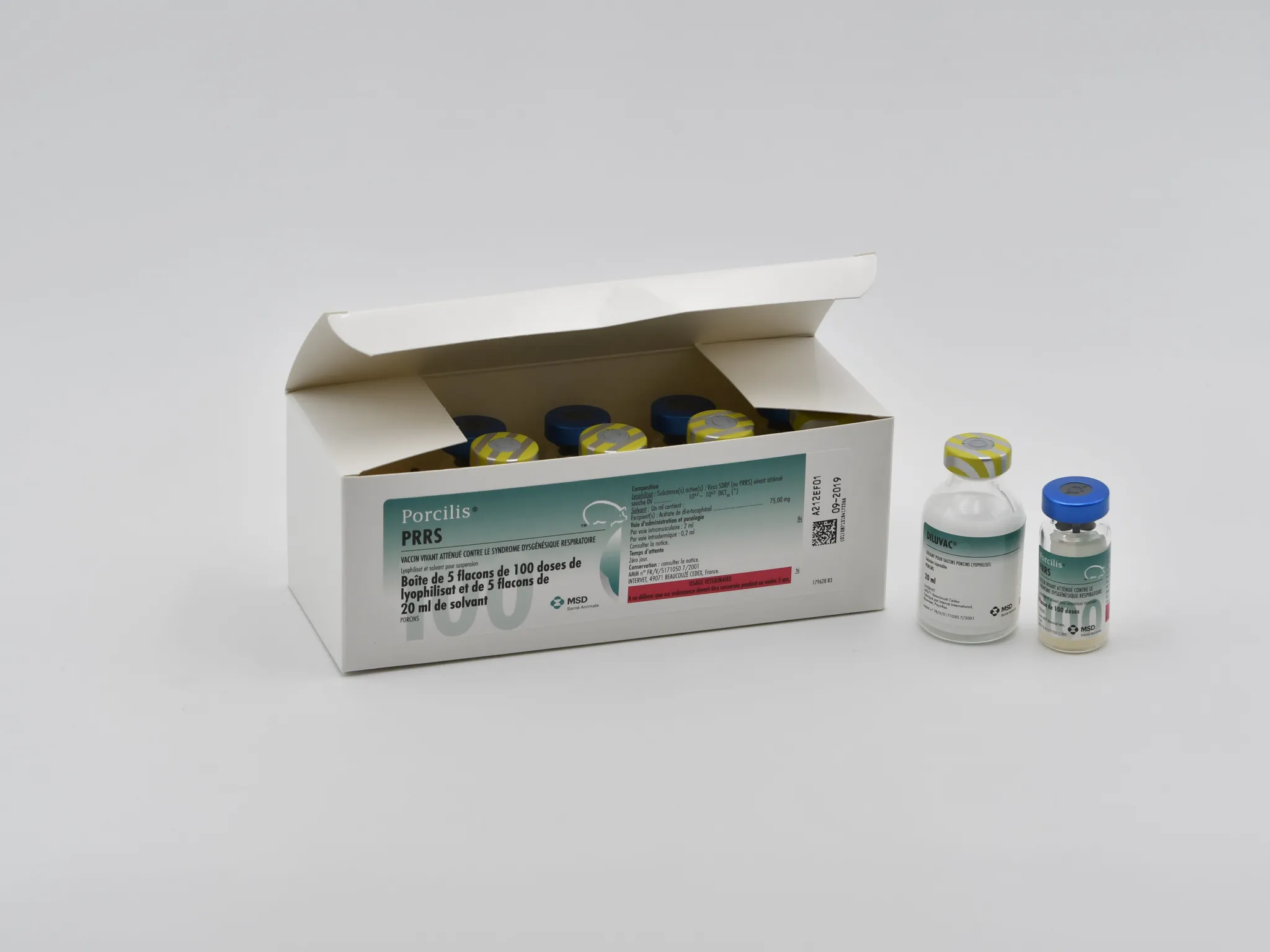 Boîte de 5 flacons de Porcilis PRRS vaccin vivant atténué avec flacons de lyophilisat et de solvant Diluvac Forte