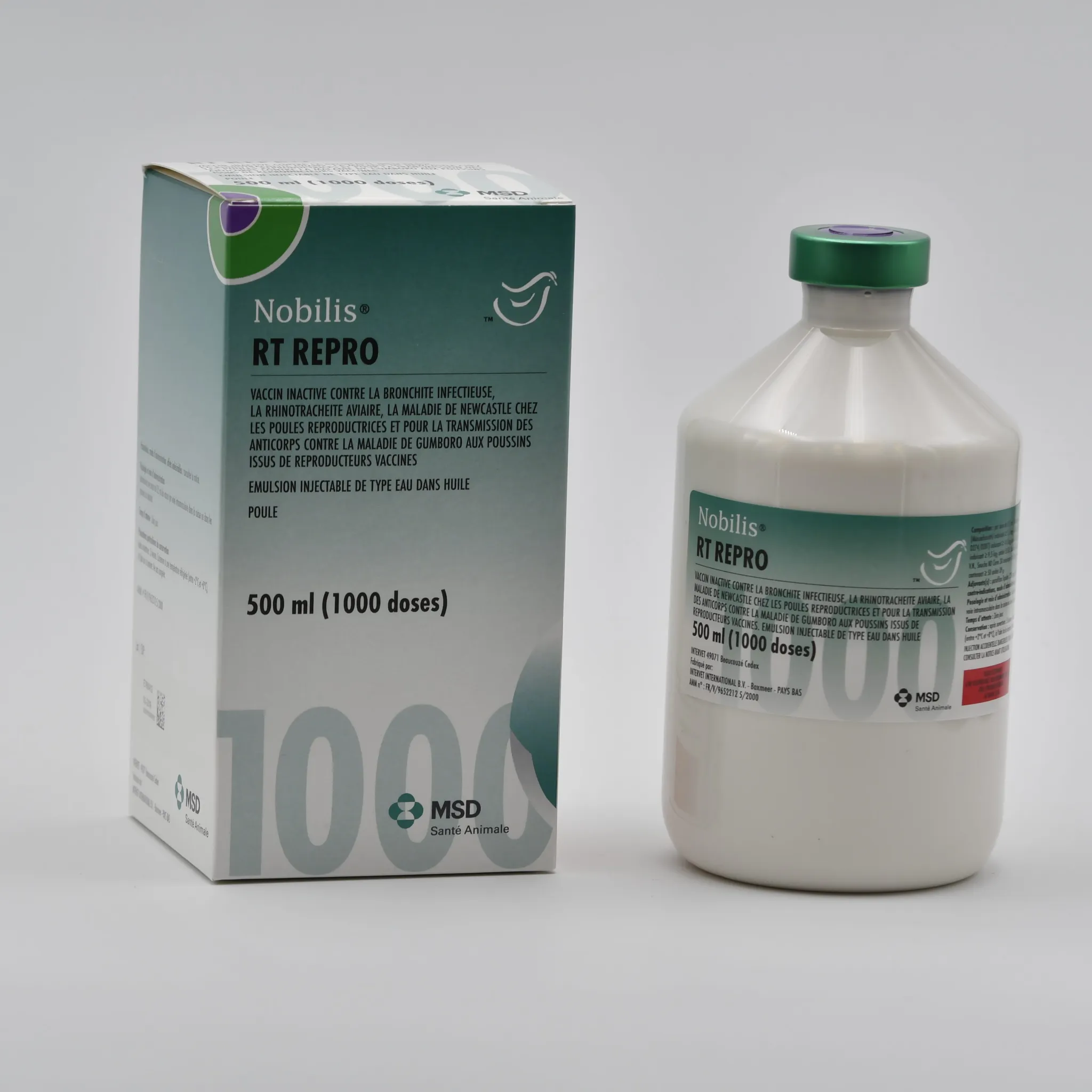 Boîte et flacon de Nobilis RT REPRO vaccin inactivé pour poules MSD Santé Animale 500 ml 1000 doses