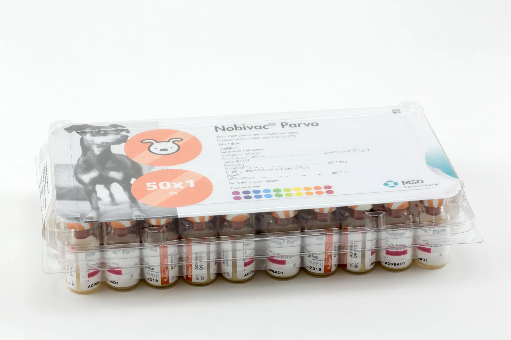 Pack de 50 doses de Nobivac Parvo vaccin vivant atténué contre la parvovirose canine MSD Santé Animale