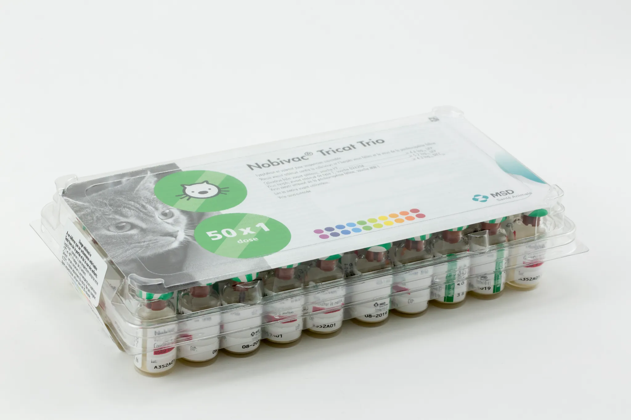 Pack de 50 doses de Nobivac Tricat Trio vaccin vivant lyophilisé pour chats MSD Santé Animale