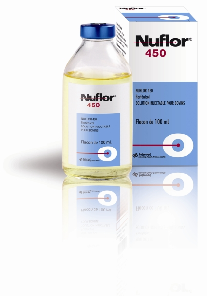 Flacon et boîte de Nuflor 450 solution injectable pour bovins à base de florfénicol Intervet