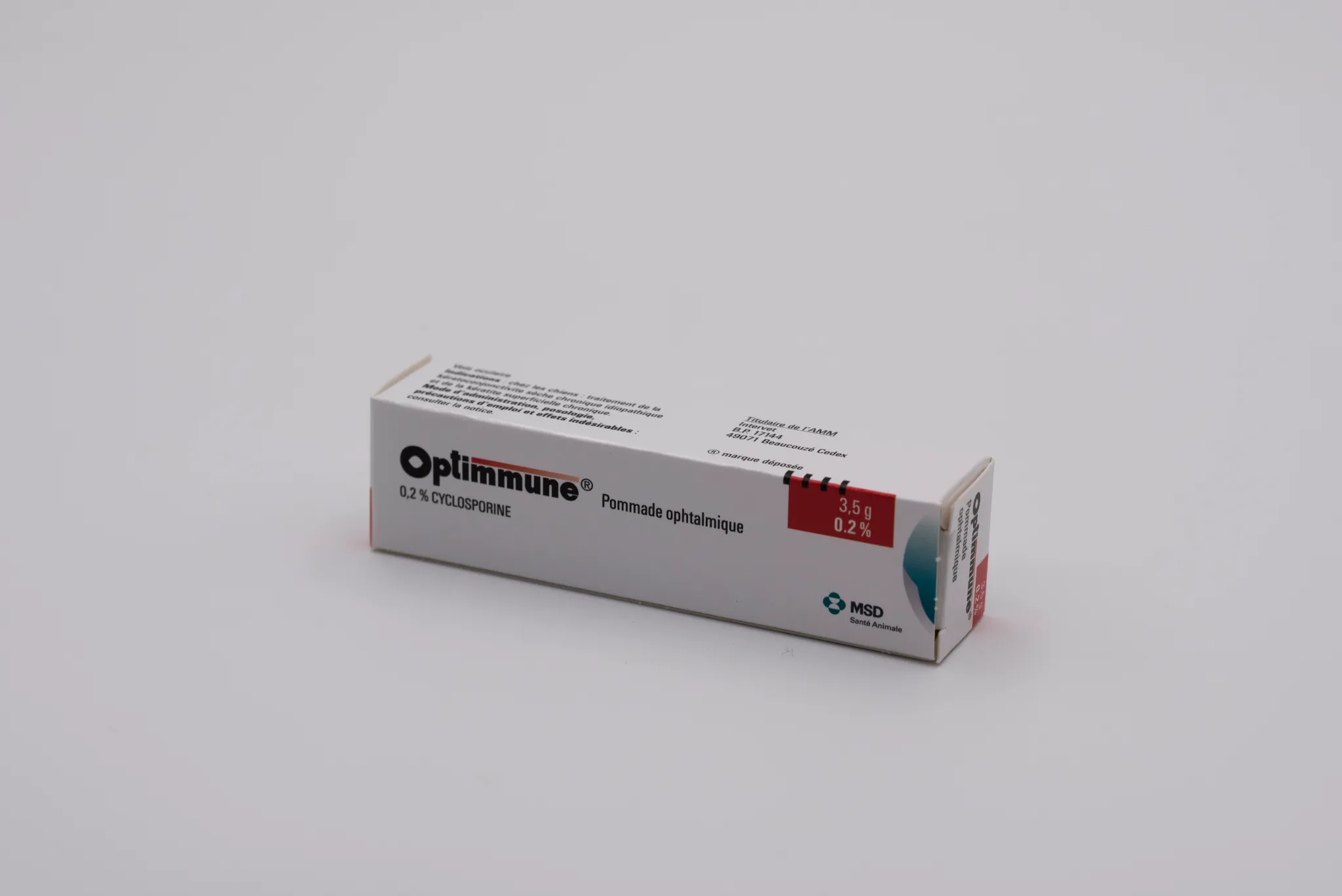 Boîte d'Optimmune pommade ophtalmique à 0,2 % de cyclosporine pour chiens MSD Santé Animale