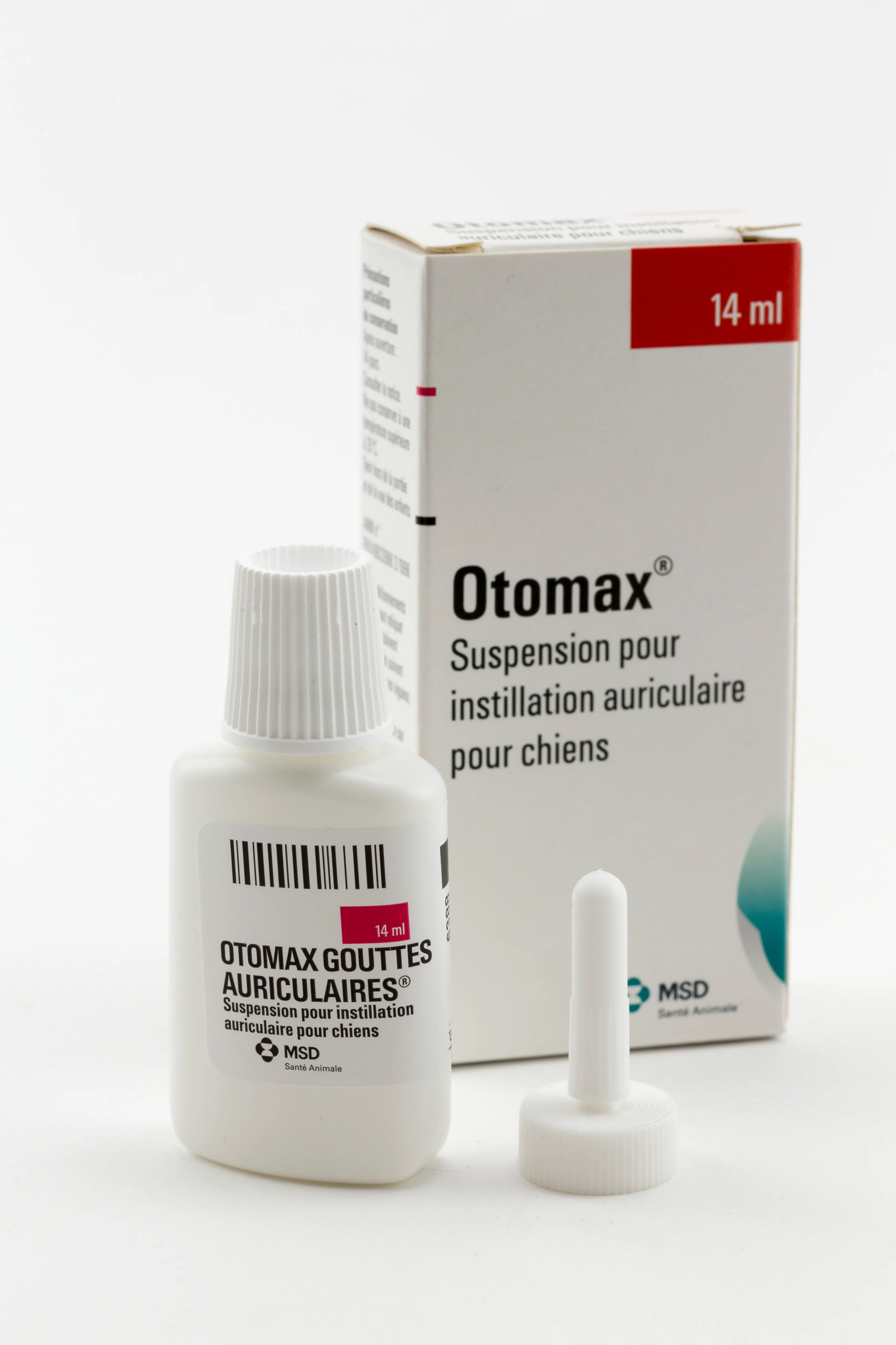 Flacon et boîte d'Otomax gouttes auriculaires, suspension pour instillation auriculaire pour chiens MSD Santé Animale 14 ml