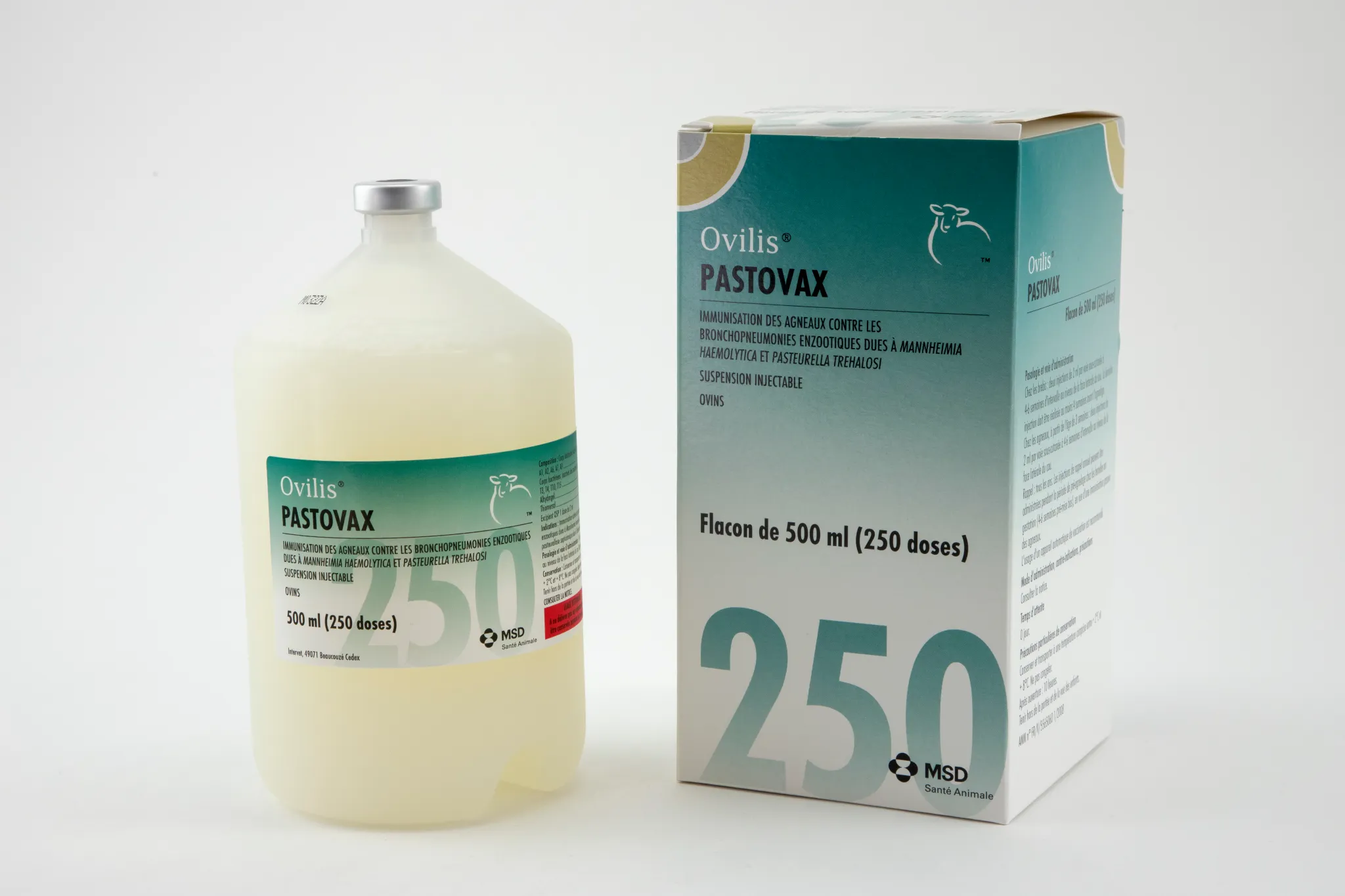 Flacon et boîte d'Ovilis Pastovax suspension injectable pour l'immunisation des agneaux et ovins MSD Santé Animale 500 ml