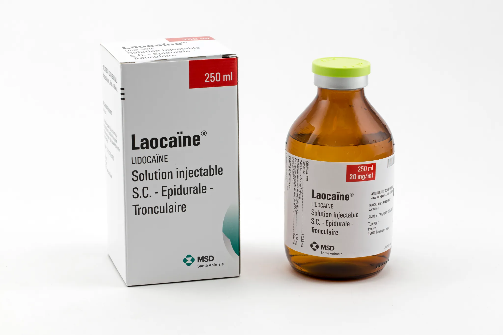 Flacon et boîte de Laocaïne 20 mg/ml solution injectable à base de lidocaïne pour anesthésie locale MSD Santé Animale