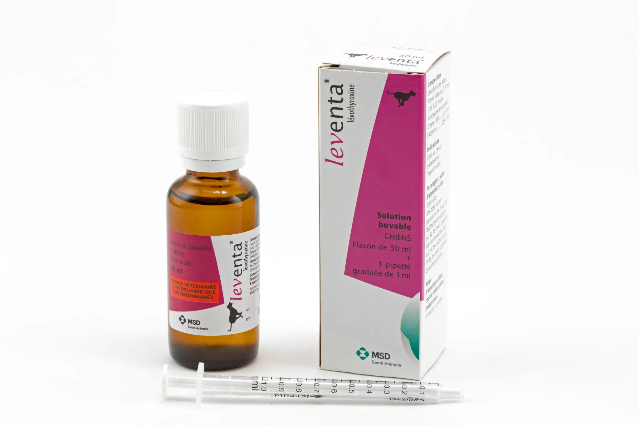 Flacon, boîte et pipette de Leventa solution buvable à la lévothyroxine pour chiens MSD Santé Animale 30 ml