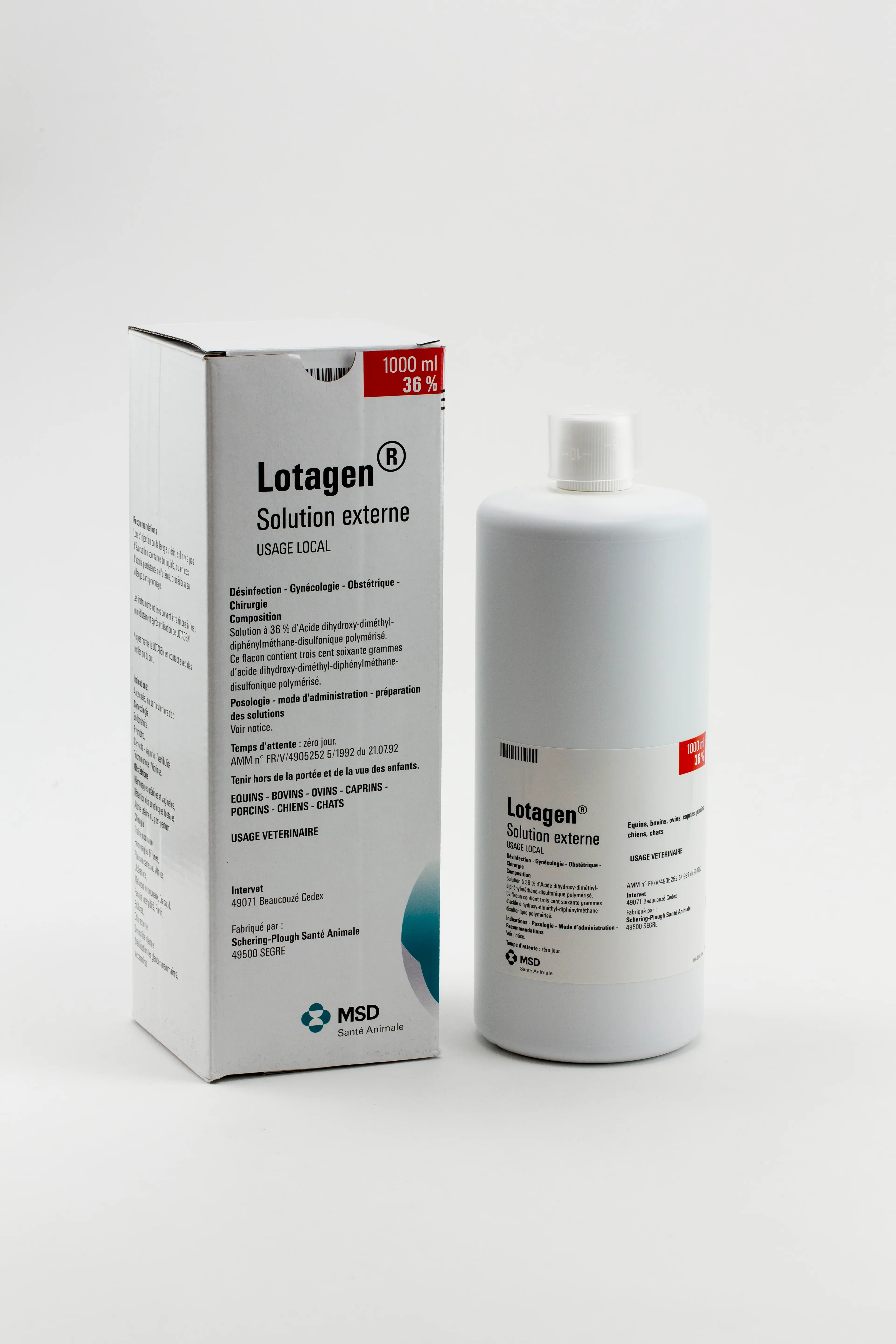 Flacon et boîte de Lotagen Solution externe à 36 % de policrésulène pour usage local vétérinaire MSD Santé Animale 1000 ml