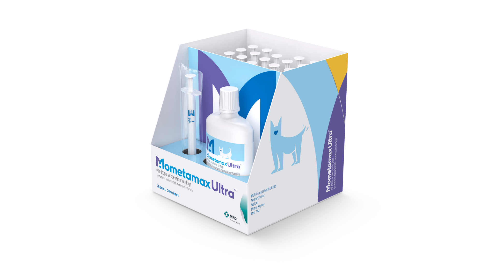 Présentoir de Mometamax Ultra gouttes auriculaires en suspension pour chiens avec flacon et seringues doseuses MSD Animal Health