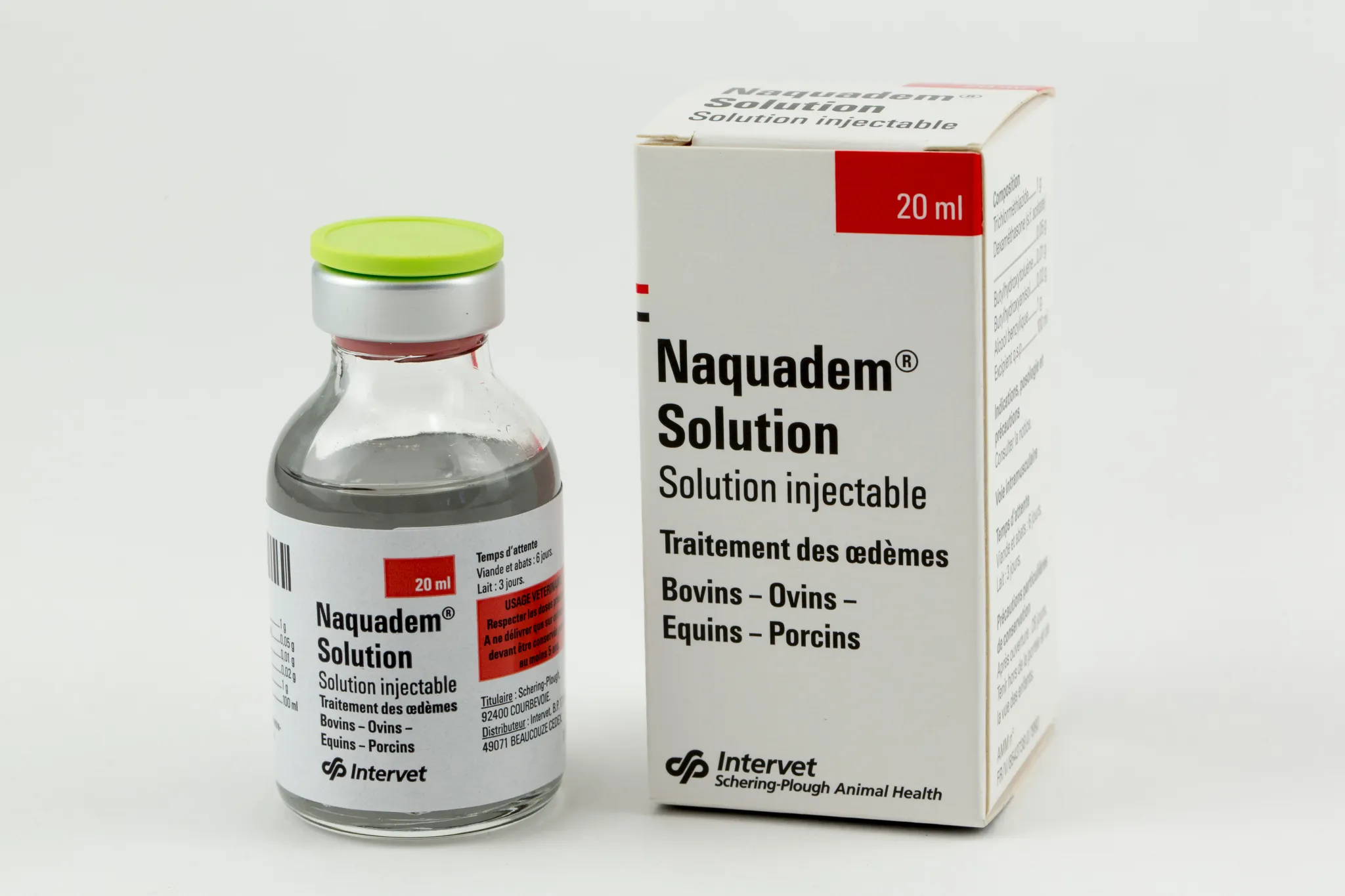 Flacon et boîte de Naquadem Solution injectable pour le traitement des œdèmes chez les bovins, ovins, équins et porcins Intervet / Schering-Plough Animal Health