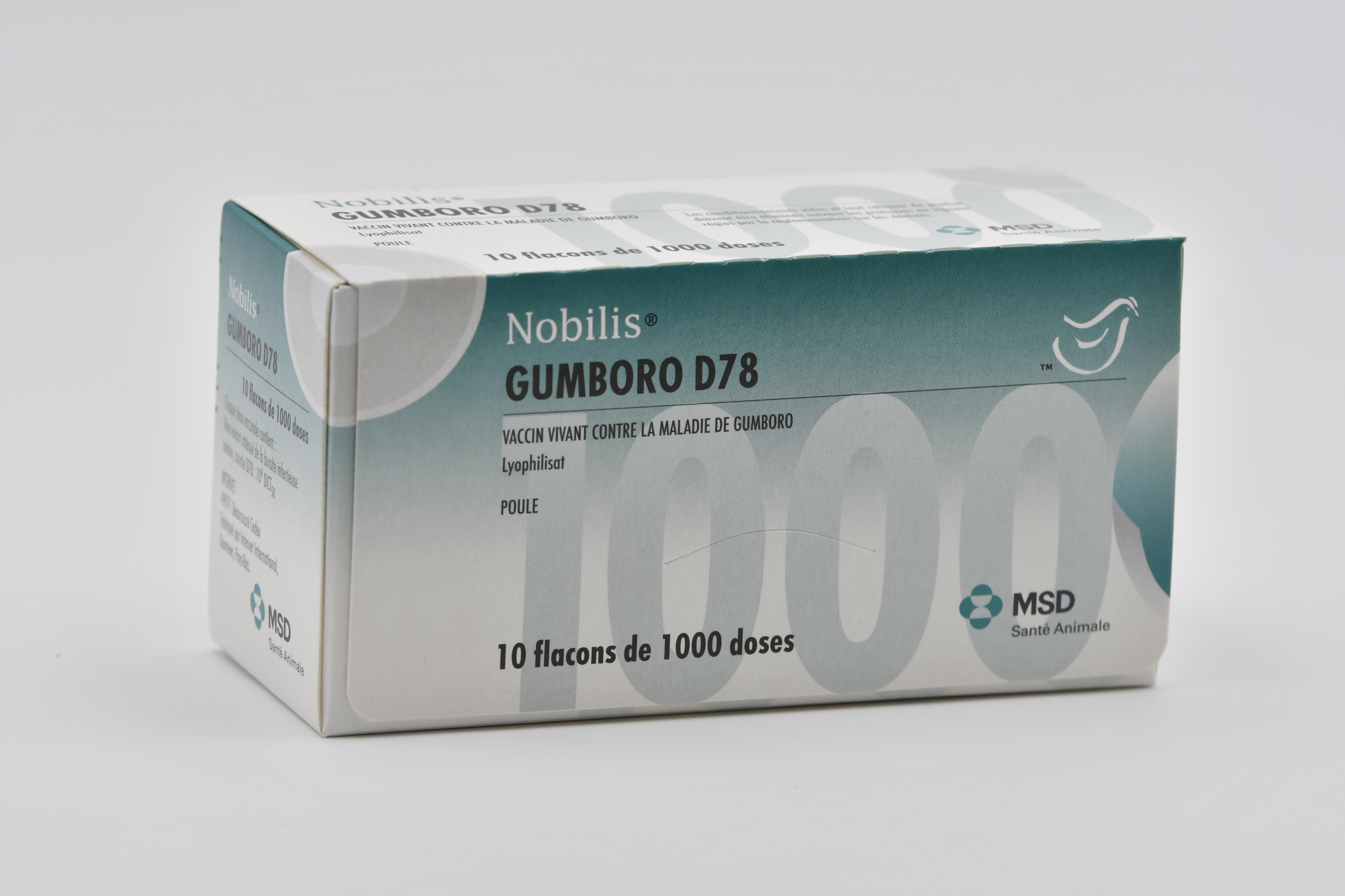 Boîte de Nobilis Gumboro D78, vaccin vivant contre la maladie de Gumboro (10 flacons de 1000 doses) pour poules MSD Santé Animale.