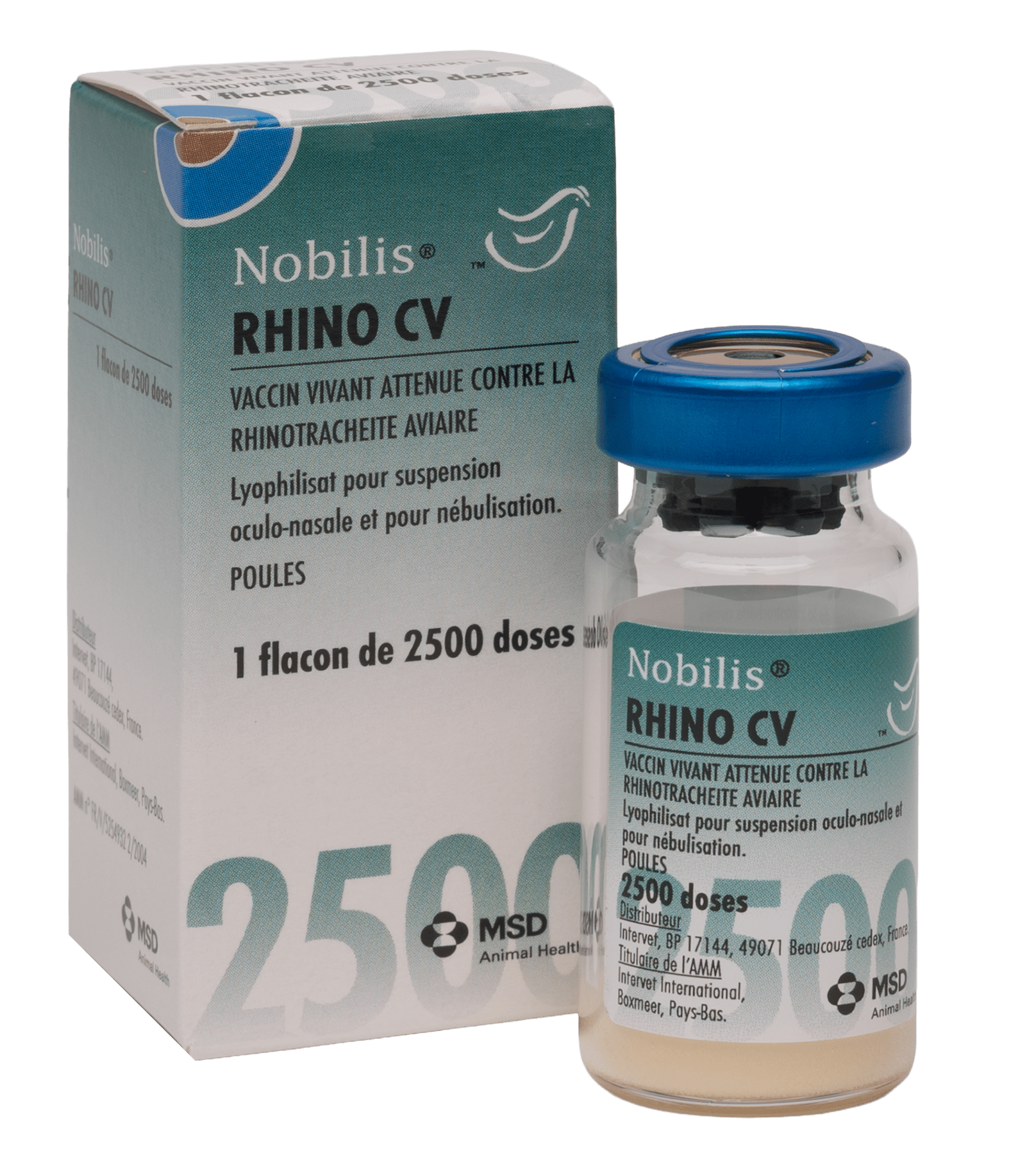Flacon et boîte de Nobilis RHINO CV, vaccin vivant atténué contre la rhinotrachéite aviaire (2500 doses) pour poules MSD Animal Health.