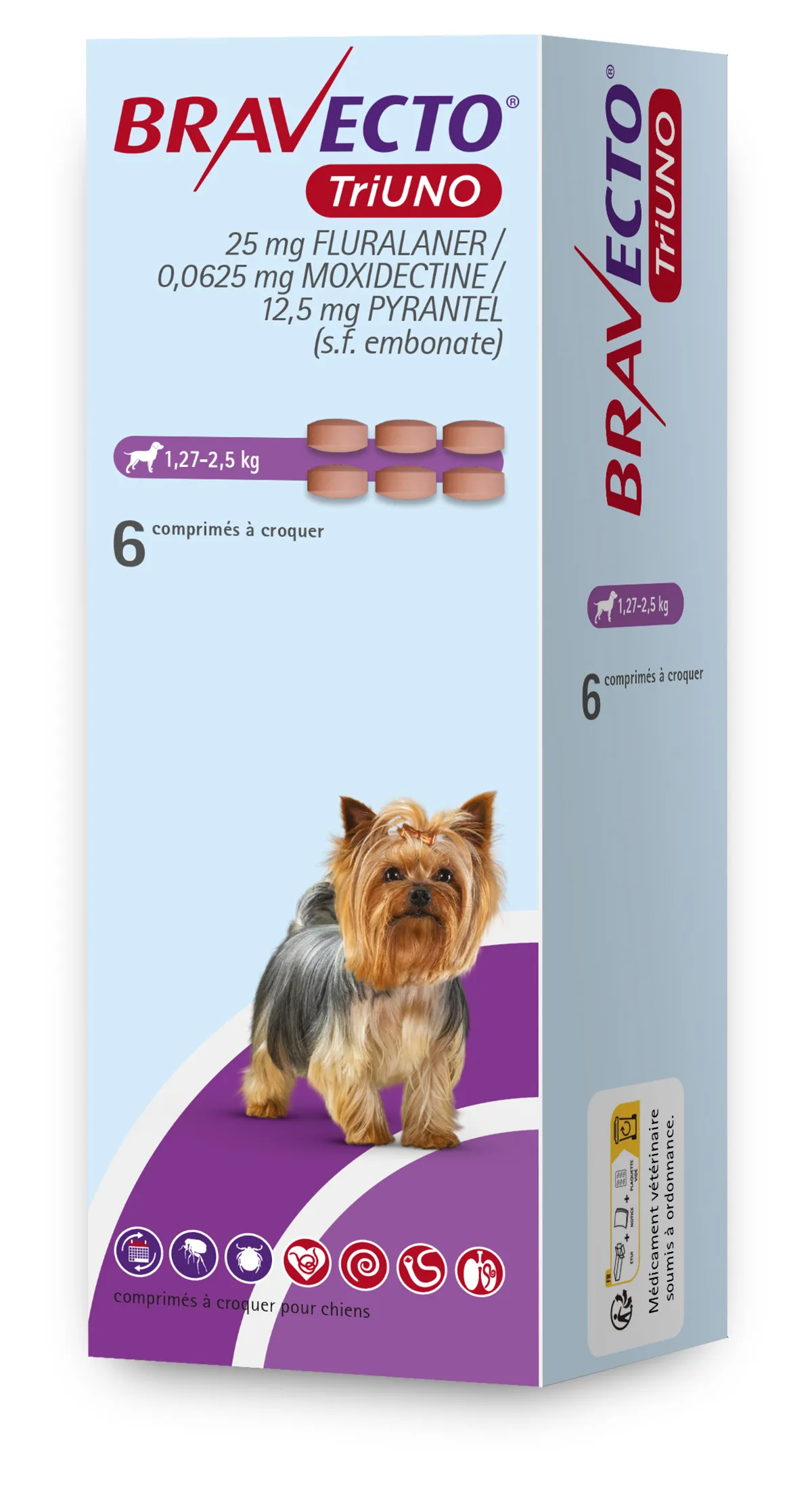 Boîte de Bravecto TriUNO (1,27-2,5 kg) contenant 6 comprimés à croquer pour chiens à base de fluralaner, moxidectine et pyrantel MSD Santé Animale.