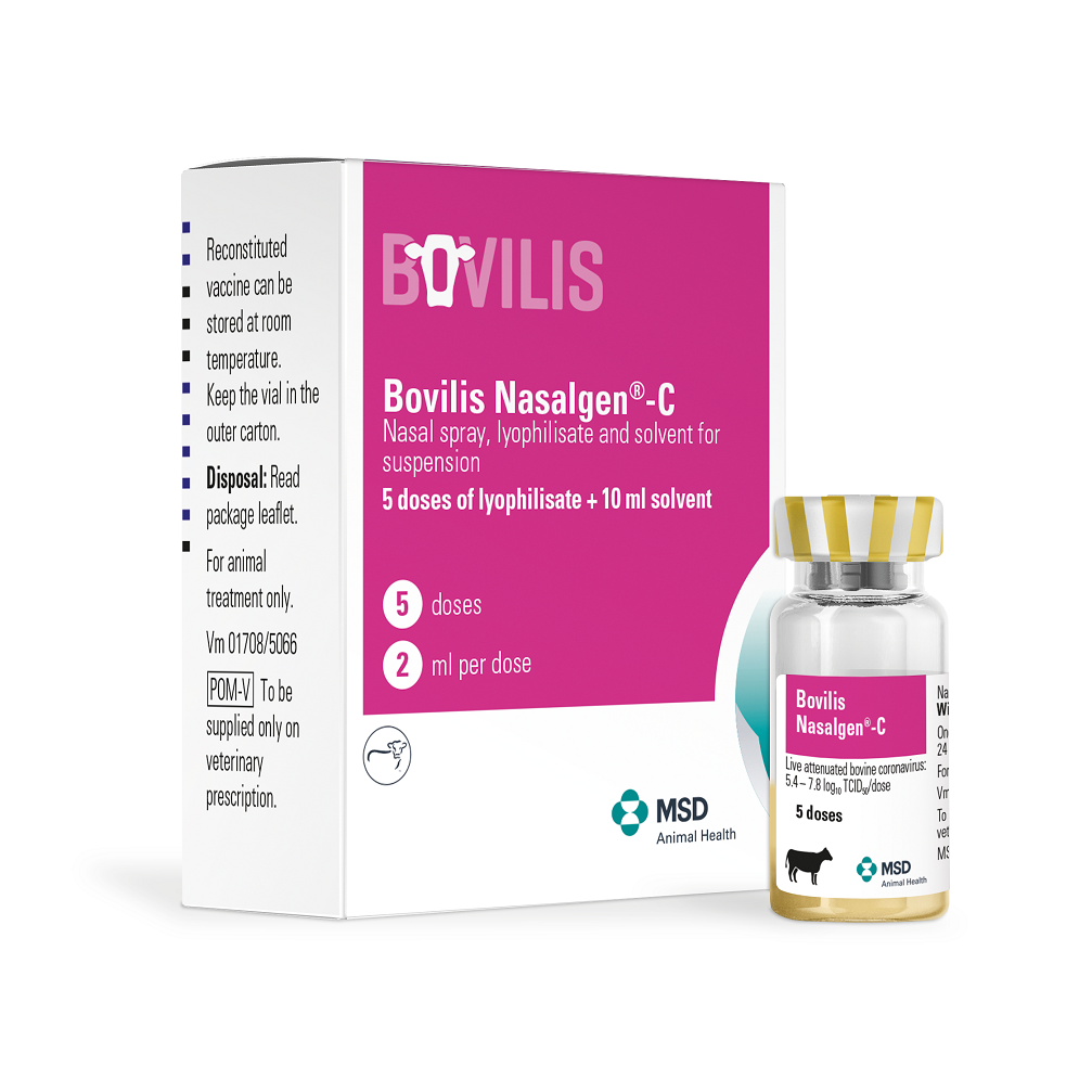 Flacon et boîte de Bovilis Nasalgen-C, vaccin vivant atténué contre le coronavirus bovin (5 doses) avec solvant MSD Animal Health.