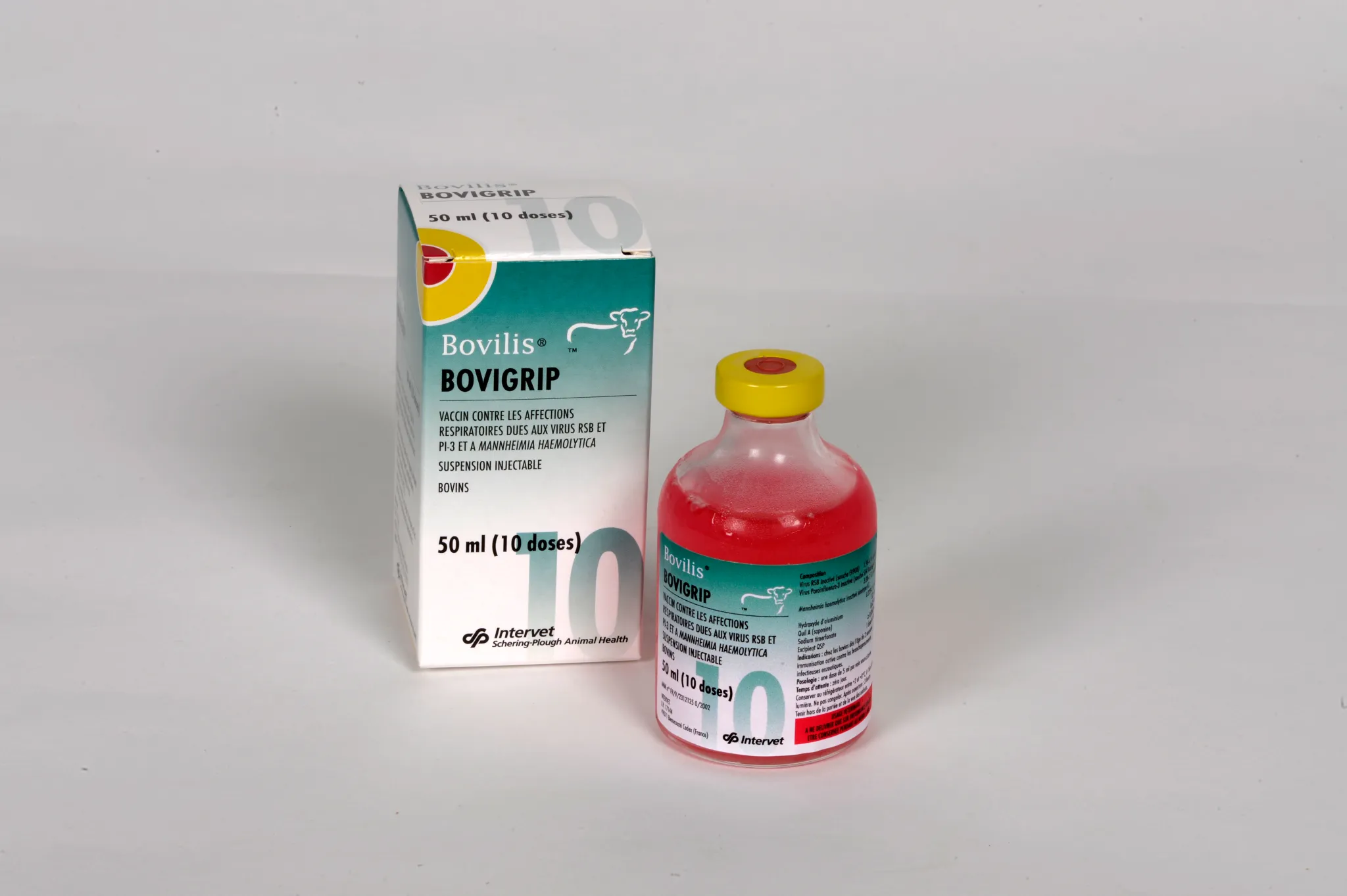 Boîte et flacon de vaccin Bovilis BOVIGRIP, solution injectable pour bovins contre les affections respiratoires (RSB, PI-3, Mannheimia haemolytica).