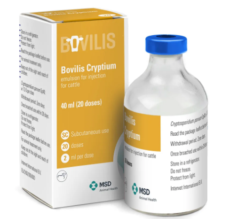 Boîte et flacon de Bovilis Cryptium, émulsion injectable pour bovins (40 ml, 20 doses).