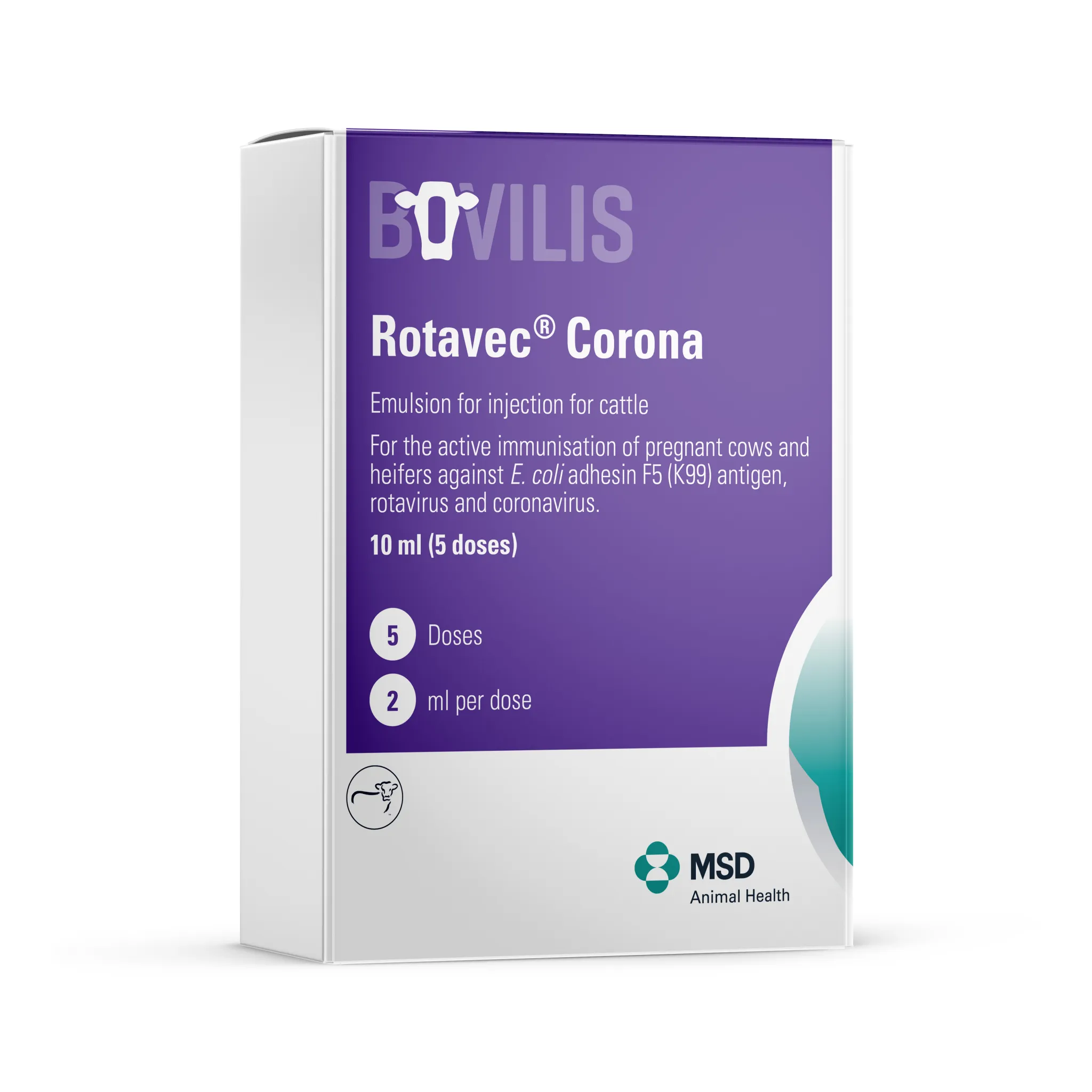 Boîte de vaccin Bovilis Rotavec Corona, émulsion injectable pour l'immunisation des vaches gestantes et génisses (10 ml, 5 doses).