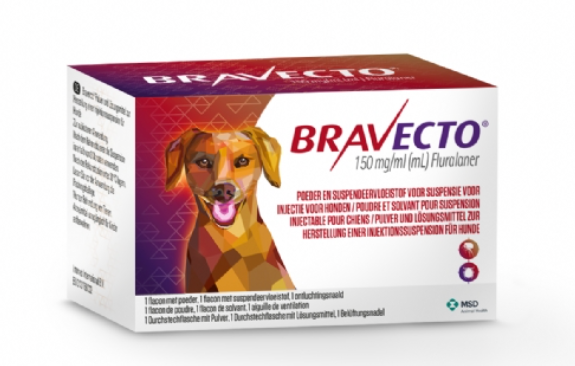 Boîte de Bravecto (150 mg/ml fluralaner), poudre et solvant pour suspension injectable pour chiens.