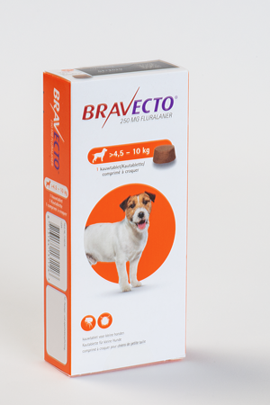 Boîte de Bravecto 250 mg fluralaner, comprimés à croquer pour petits chiens pesant entre 4,5 et 10 kg.