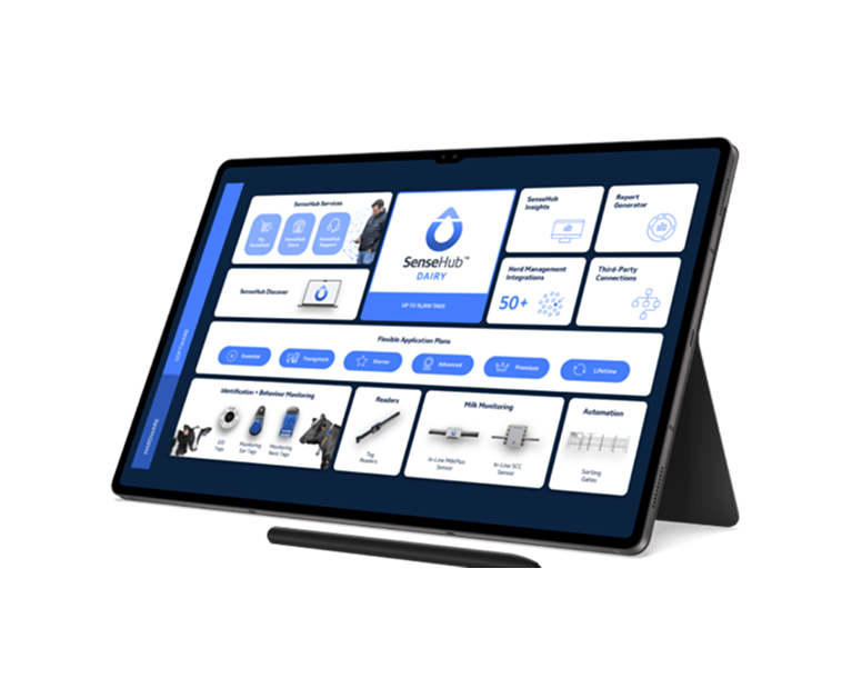 Une tablette affichant l'interface du logiciel SenseHub Dairy pour la gestion d'élevage.