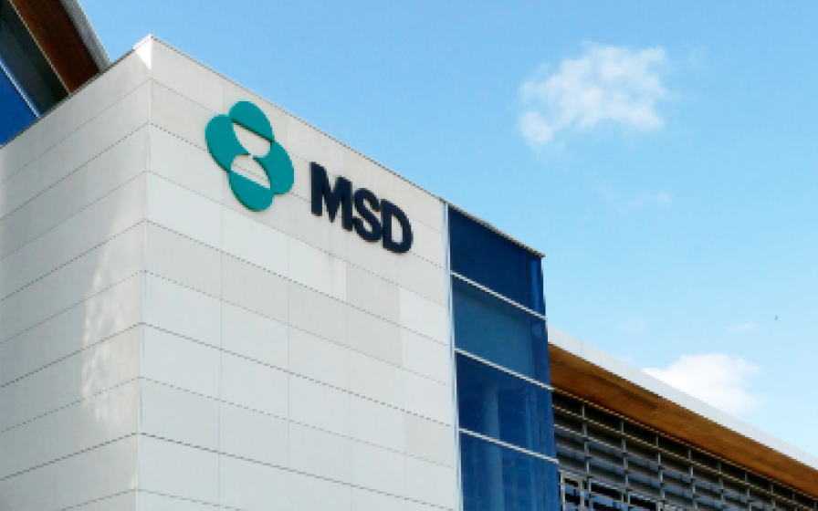 Logo MSD sur bâtiment d’entreprise Gros plan sur le logo MSD et l'emblème sarcelle sur la façade d'un bâtiment moderne sous un ciel bleu.