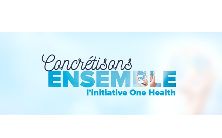 Initiative One Health – MSD Santé Animale Slogan « Concrétisons ENSEMBLE l'initiative One Health » avec un visuel de mains tenant la Terre dans les lettres.